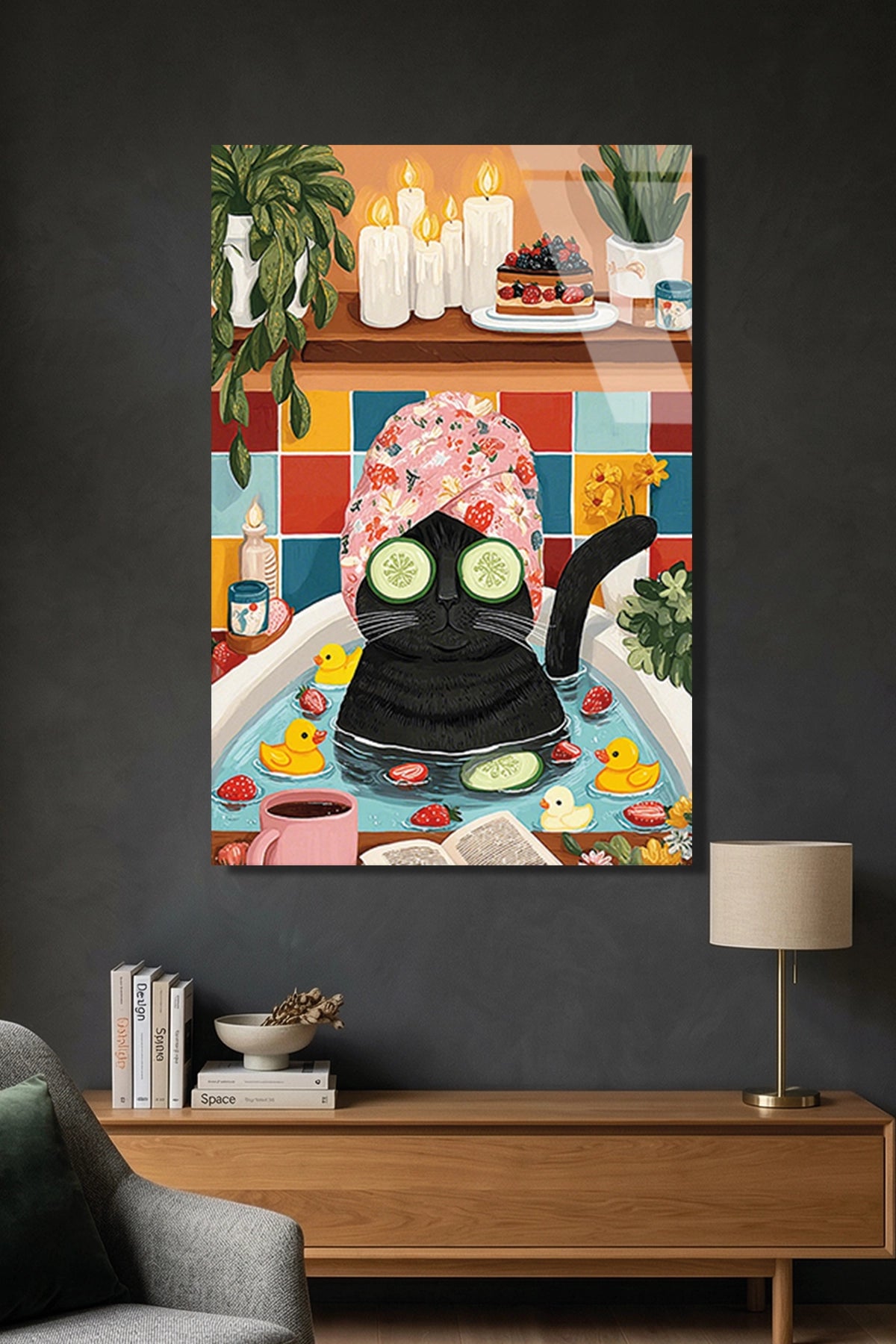 Banyoda Salatalık Maskesi Yapan Esprili Kara Kedi Cam Tablo