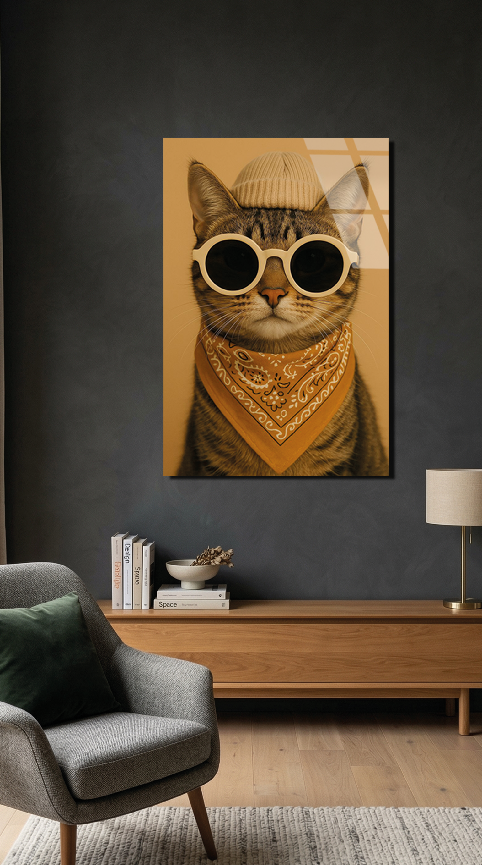 Bereli ve Gözlüklü Kedi Cam Tablo | Vitraum