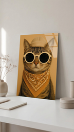 Bereli ve Gözlüklü Kedi Cam Tablo | Vitraum