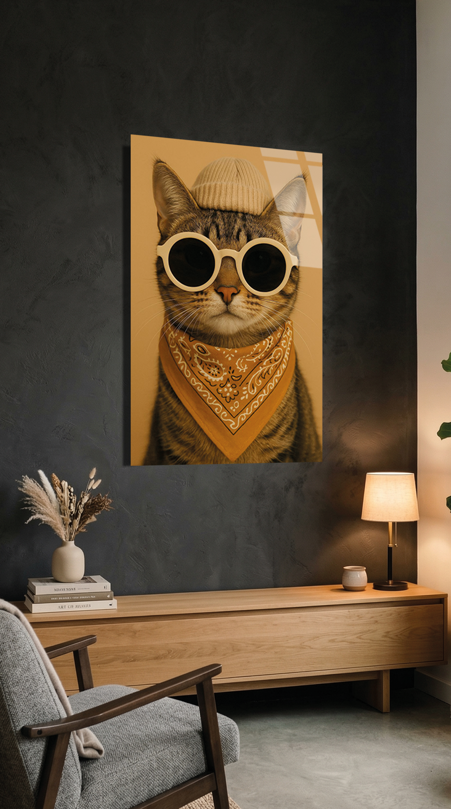 Bereli ve Gözlüklü Kedi Cam Tablo | Vitraum