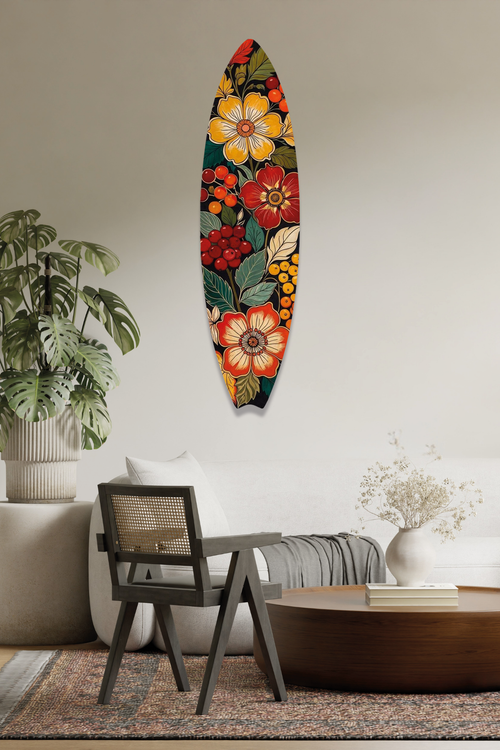 Bohem Tarz Renkli Floral Sörf Tahtası Metal Tablo