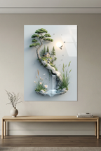 Bonsai Ağacı Altında Küçük Dağ Evi ve Şelale İllüstrasyon Cam Tablo