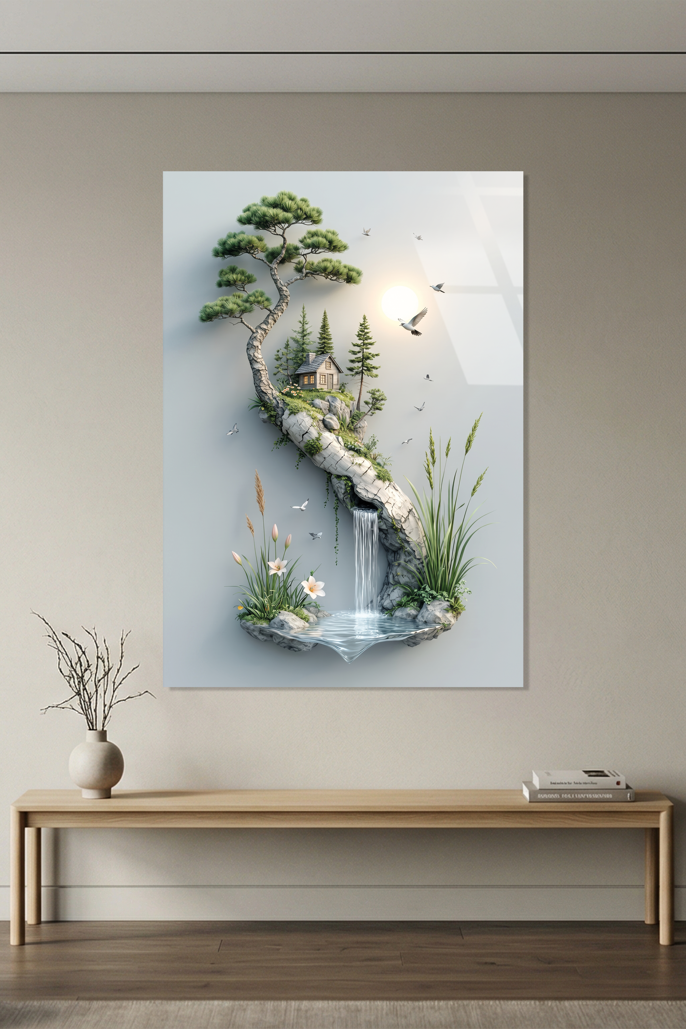 Bonsai Ağacı Altında Küçük Dağ Evi ve Şelale İllüstrasyon Cam Tablo