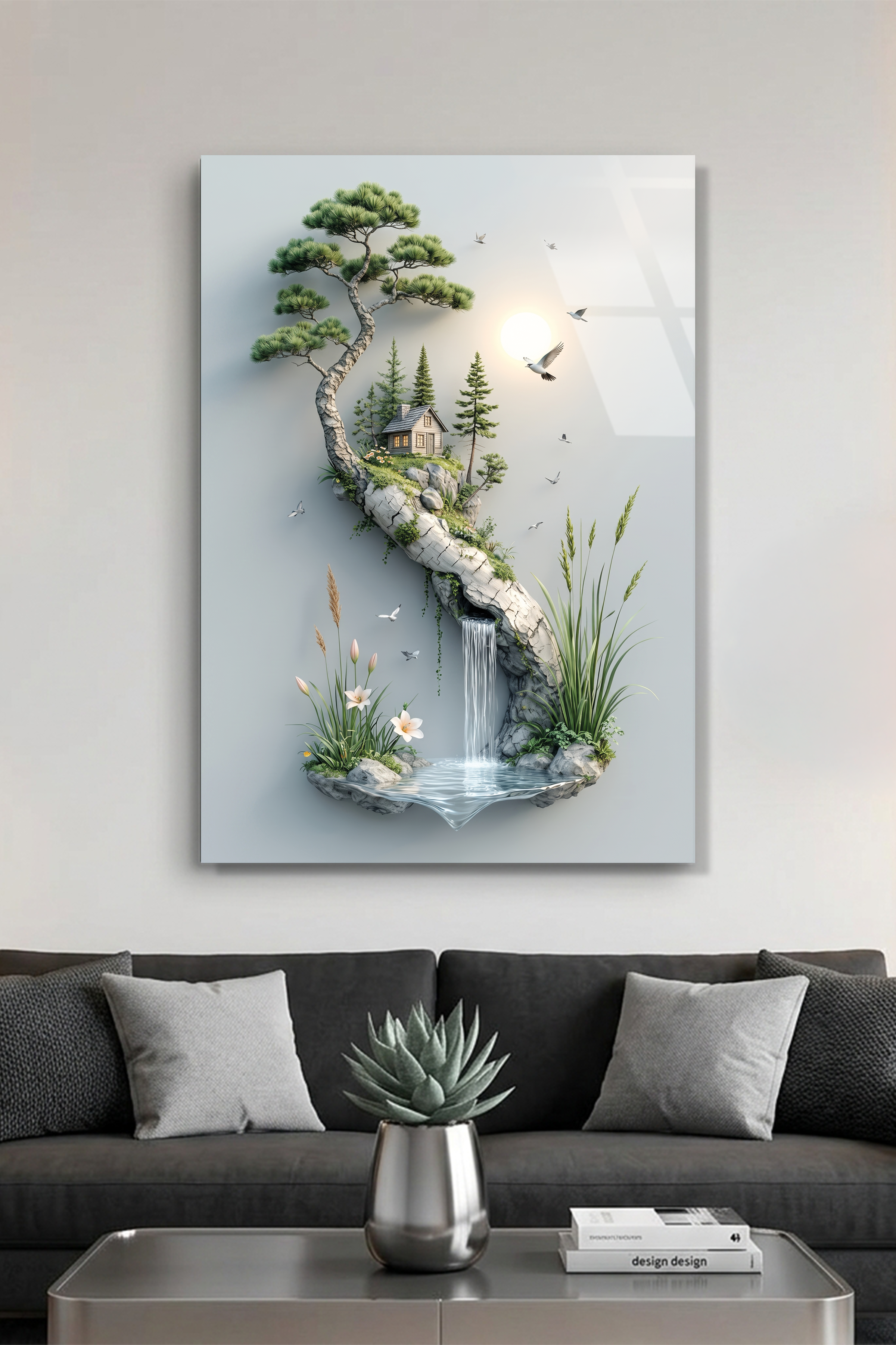 Bonsai Ağacı Altında Küçük Dağ Evi ve Şelale İllüstrasyon Cam Tablo
