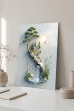 Bonsai Ağacı Altında Küçük Dağ Evi ve Şelale İllüstrasyon Cam Tablo