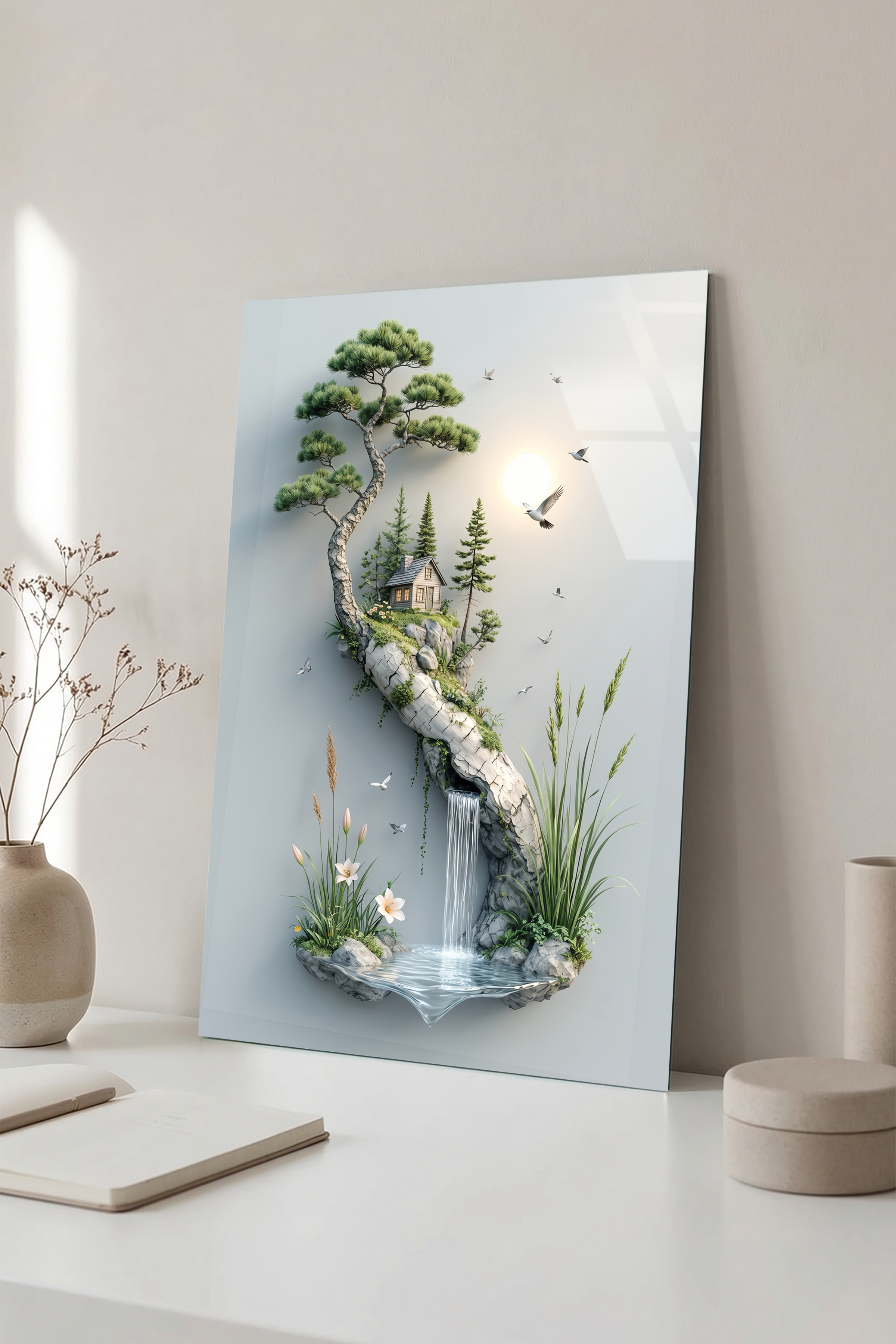 Bonsai Ağacı Altında Küçük Dağ Evi ve Şelale İllüstrasyon Cam Tablo