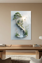 Bonsai Ağacı Altında Küçük Dağ Evi ve Şelale İllüstrasyon Cam Tablo
