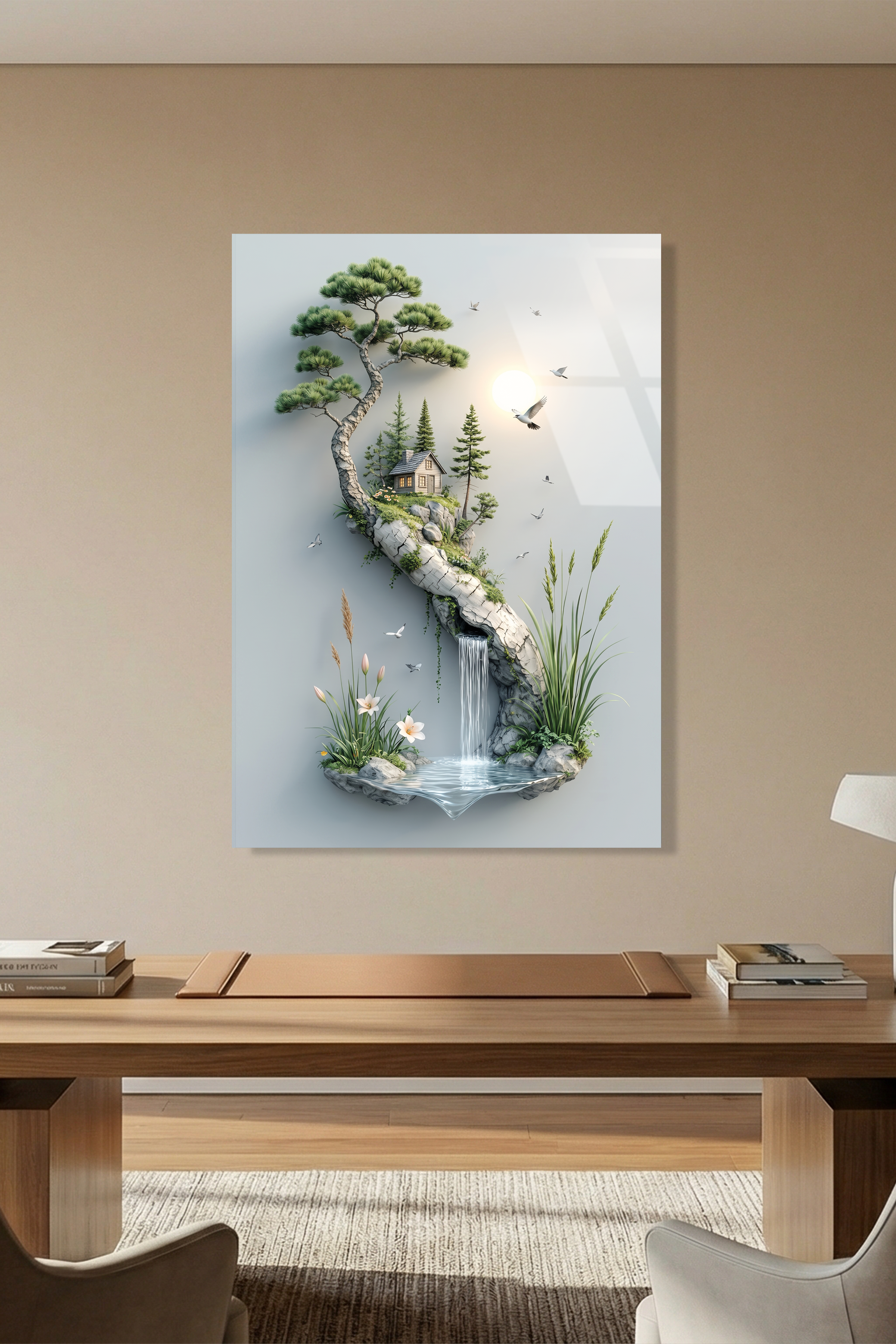 Bonsai Ağacı Altında Küçük Dağ Evi ve Şelale İllüstrasyon Cam Tablo