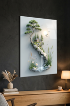 Bonsai Ağacı Altında Küçük Dağ Evi ve Şelale İllüstrasyon Cam Tablo