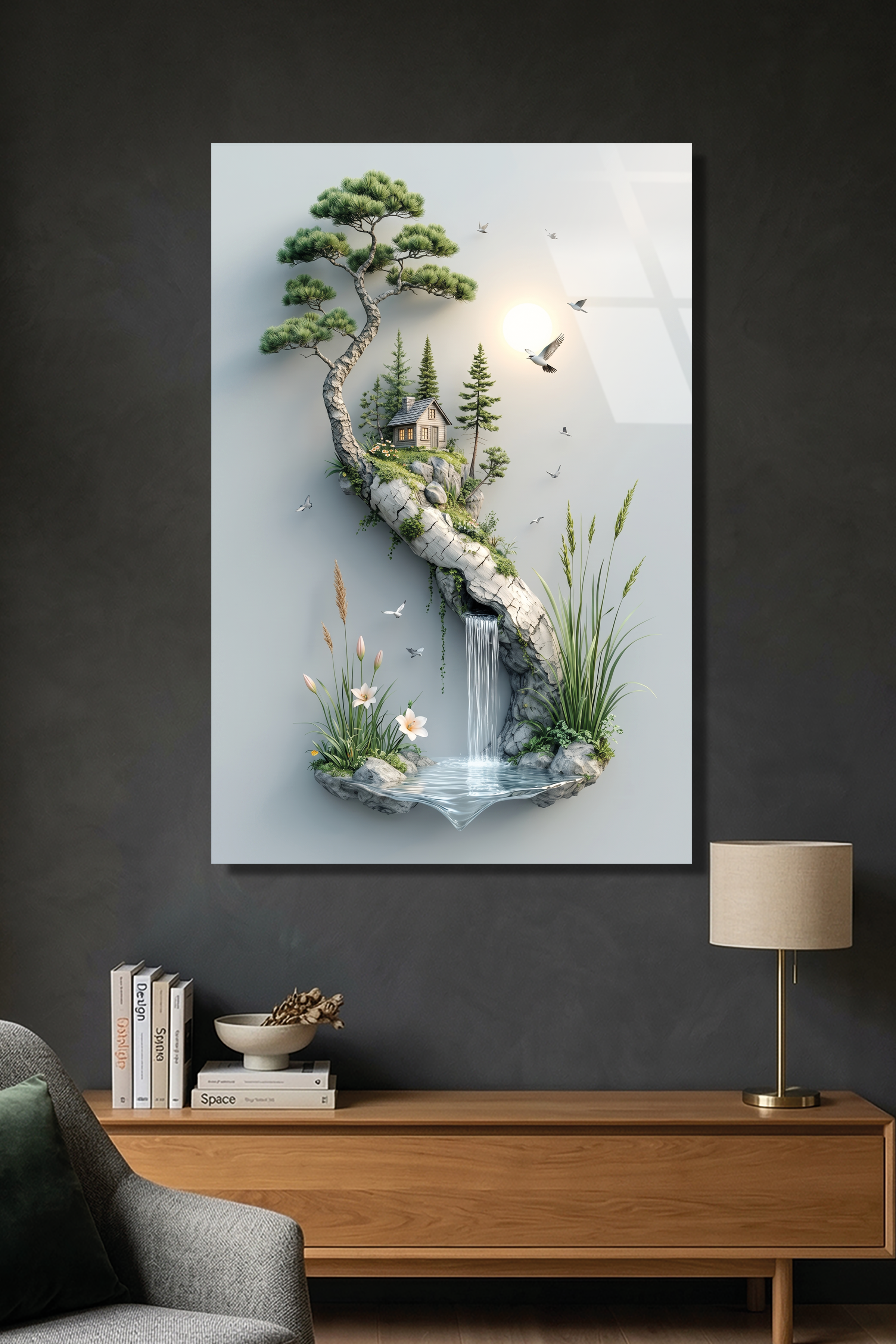Bonsai Ağacı Altında Küçük Dağ Evi ve Şelale İllüstrasyon Cam Tablo
