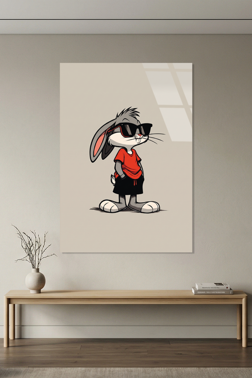 Bugs Bunny Tarzı Havalı Gözlüklü Tavşan Pop Art Cam Tablo