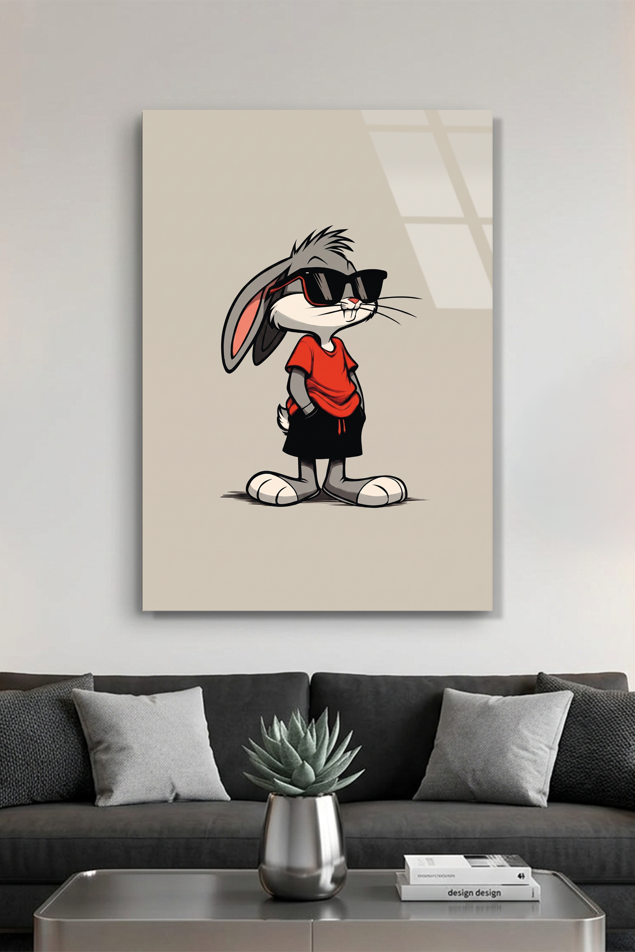 Bugs Bunny Tarzı Havalı Gözlüklü Tavşan Pop Art Cam Tablo
