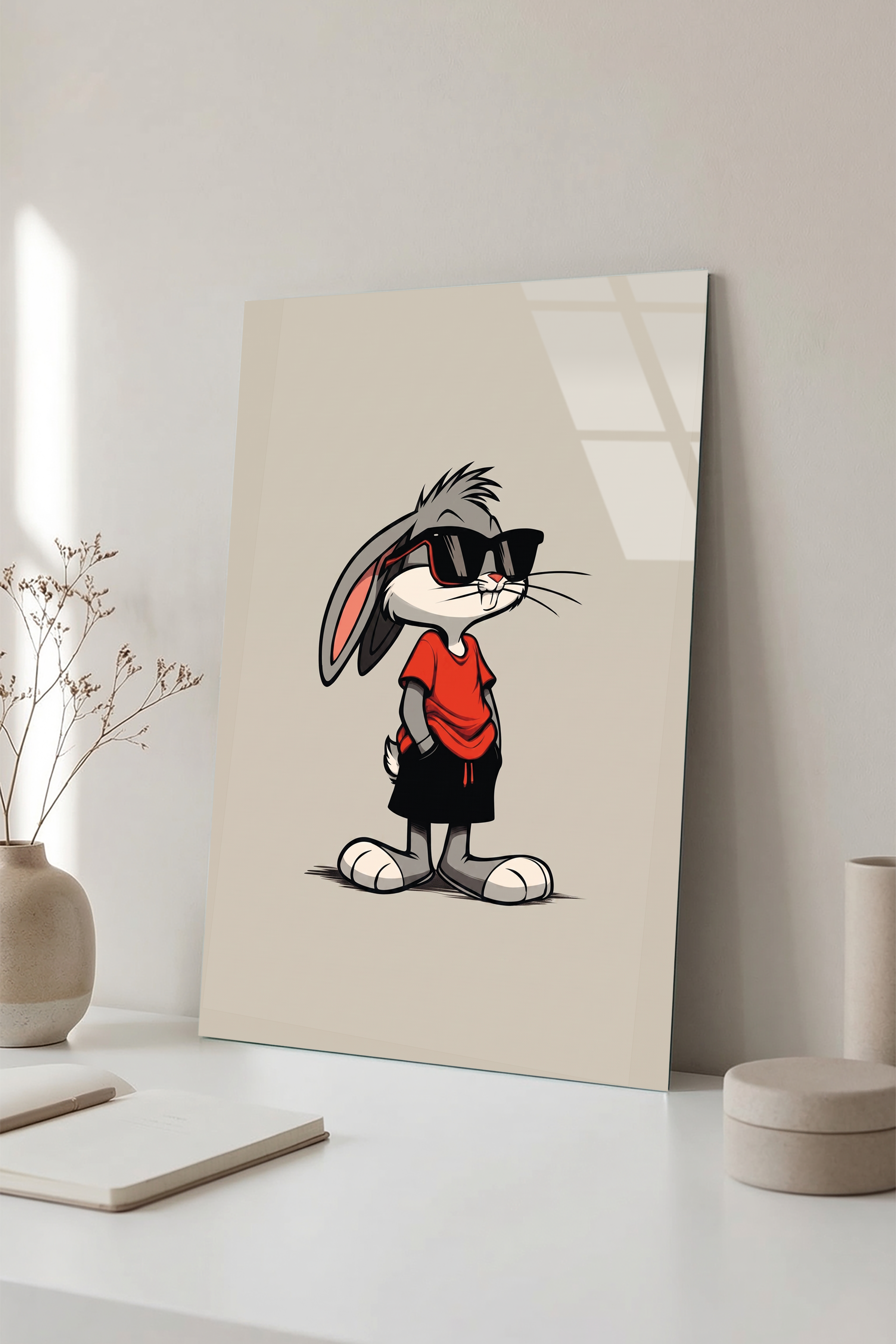 Bugs Bunny Tarzı Havalı Gözlüklü Tavşan Pop Art Cam Tablo