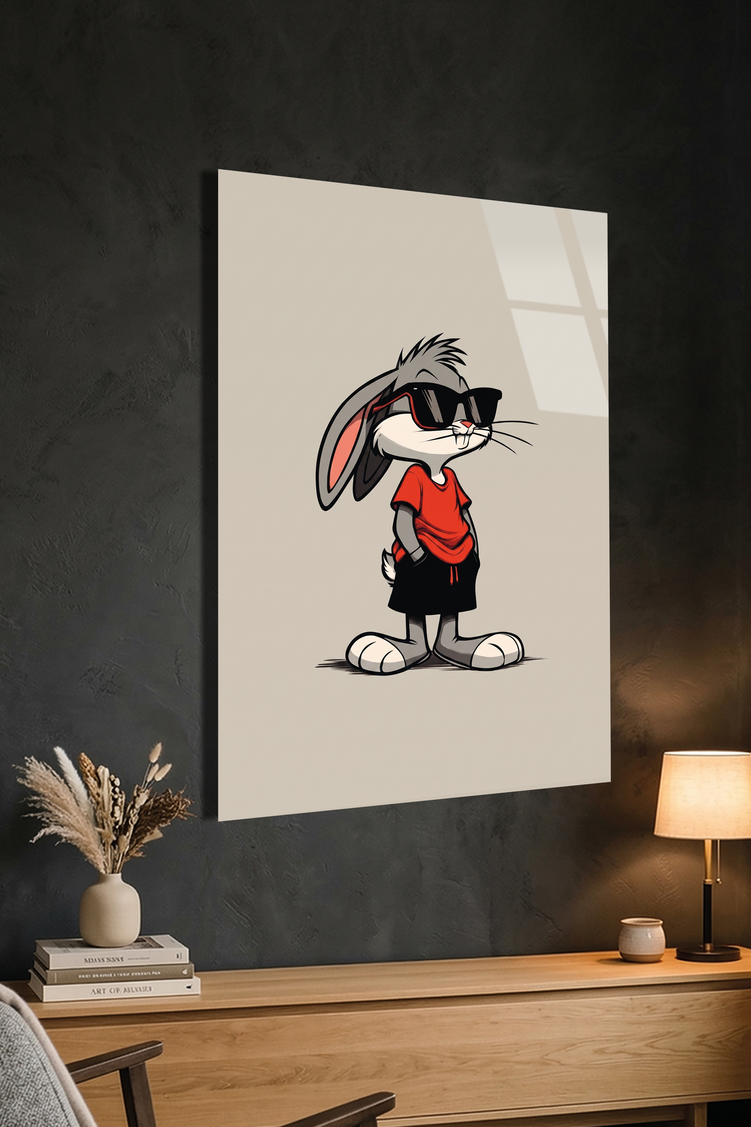 Bugs Bunny Tarzı Havalı Gözlüklü Tavşan Pop Art Cam Tablo