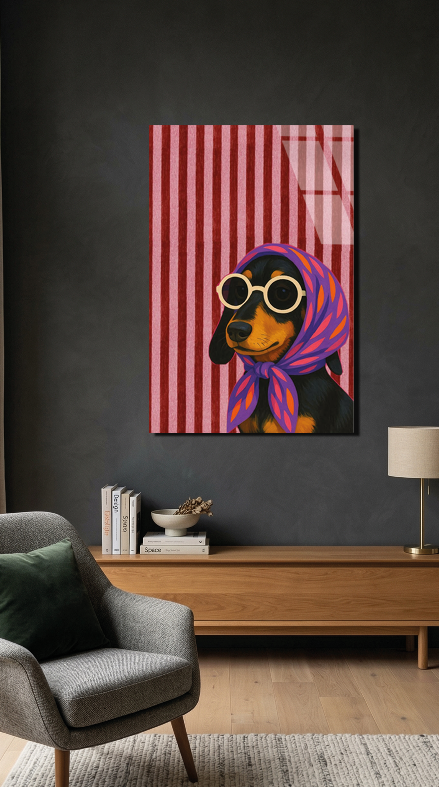 Çizgili Arka Planlı Retro Köpek Portresi Cam Tablo | Vitraum