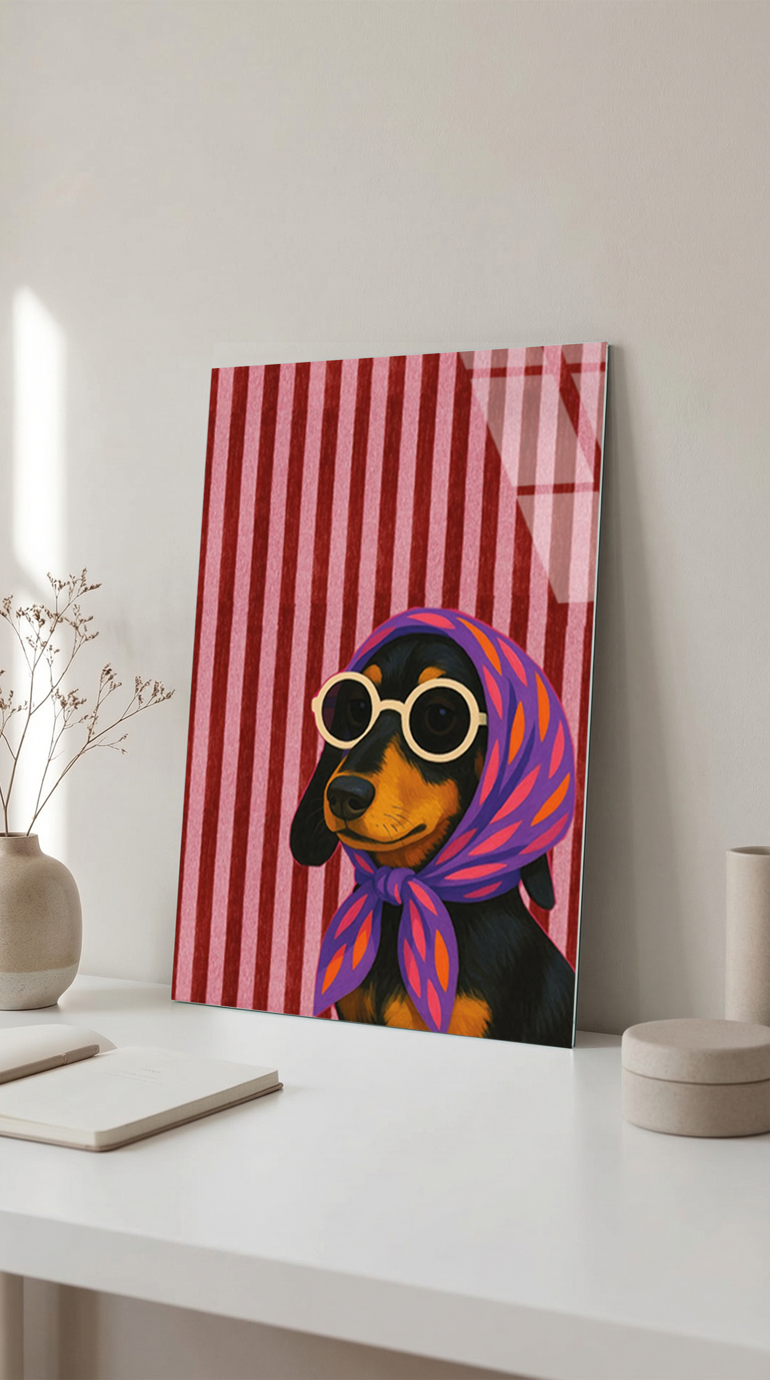 Çizgili Arka Planlı Retro Köpek Portresi Cam Tablo | Vitraum