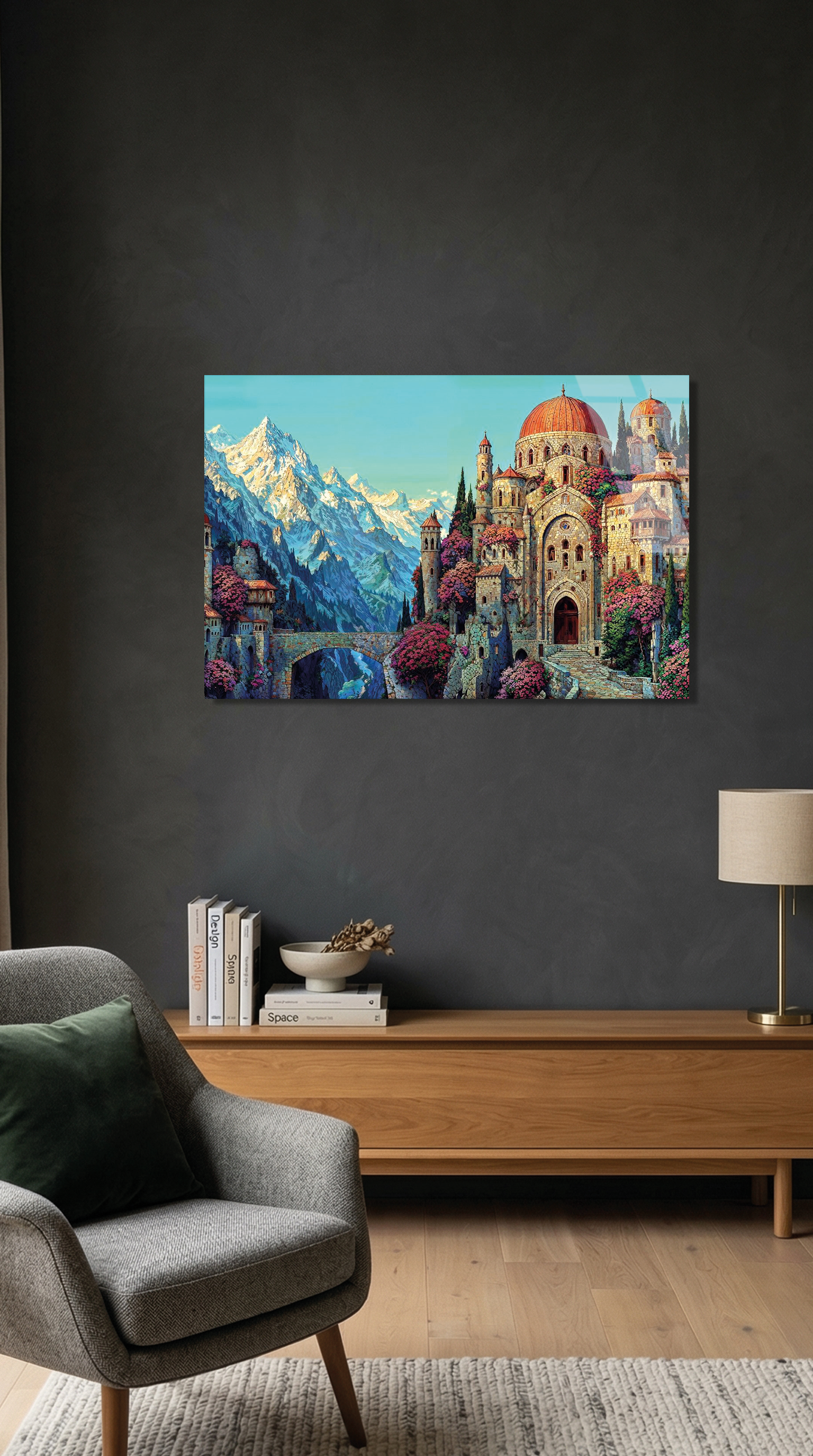 Dağ Manzaralı Antik Taş Saray ve Pembe Çiçekli Ağaçlar Cam Tablo | Vitraum