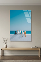 Deniz Kenarında Sıralanmış Dört Kedi Minimalist Cam Tablo