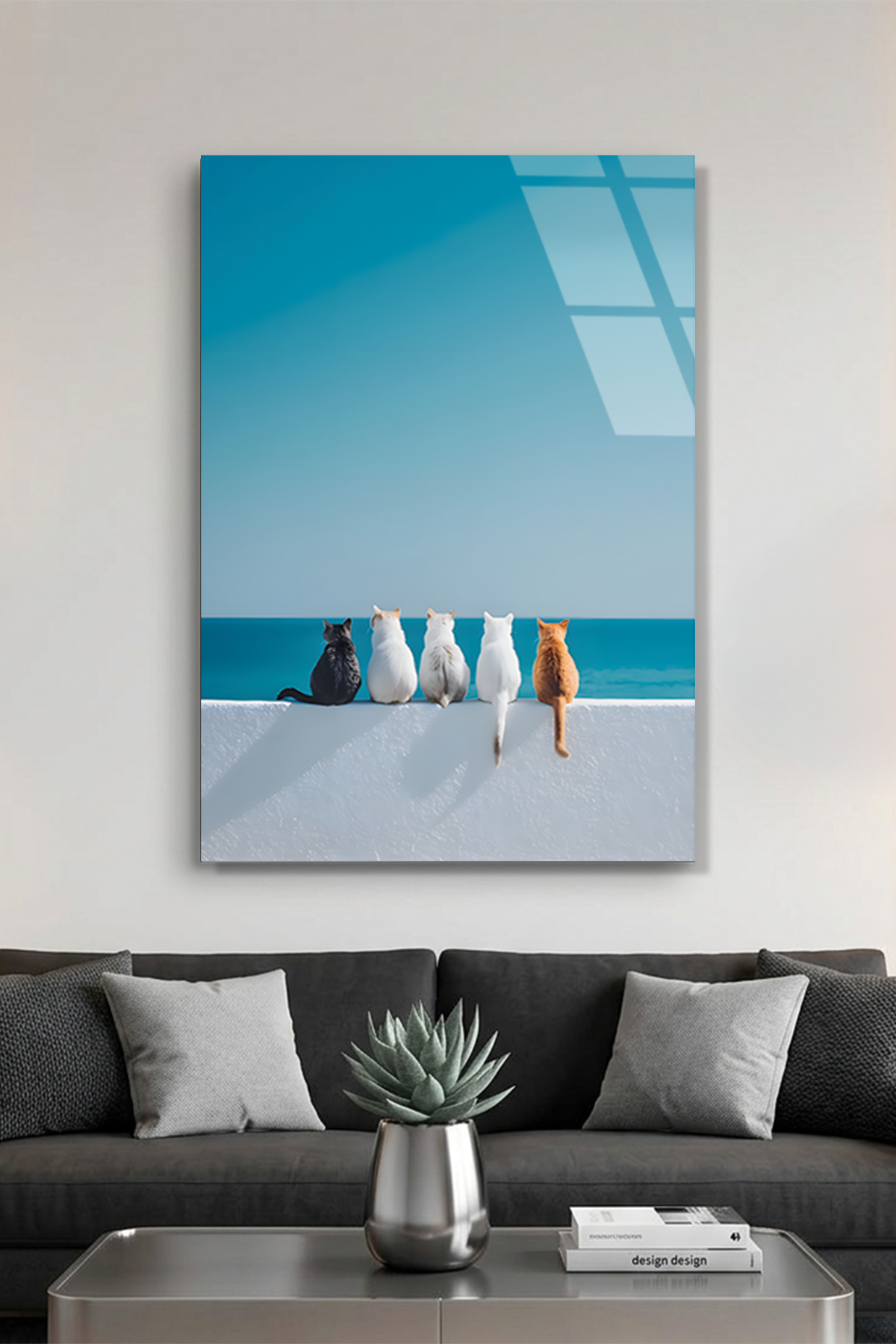 Deniz Kenarında Sıralanmış Dört Kedi Minimalist Cam Tablo