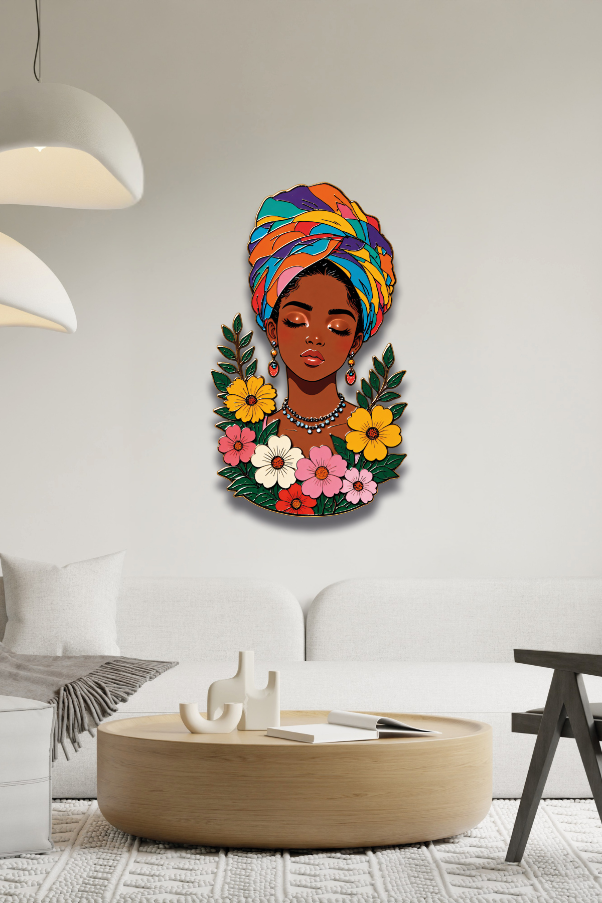 Etnik Sarbantik Desenli Afrikalı Kadın Metal Tablo