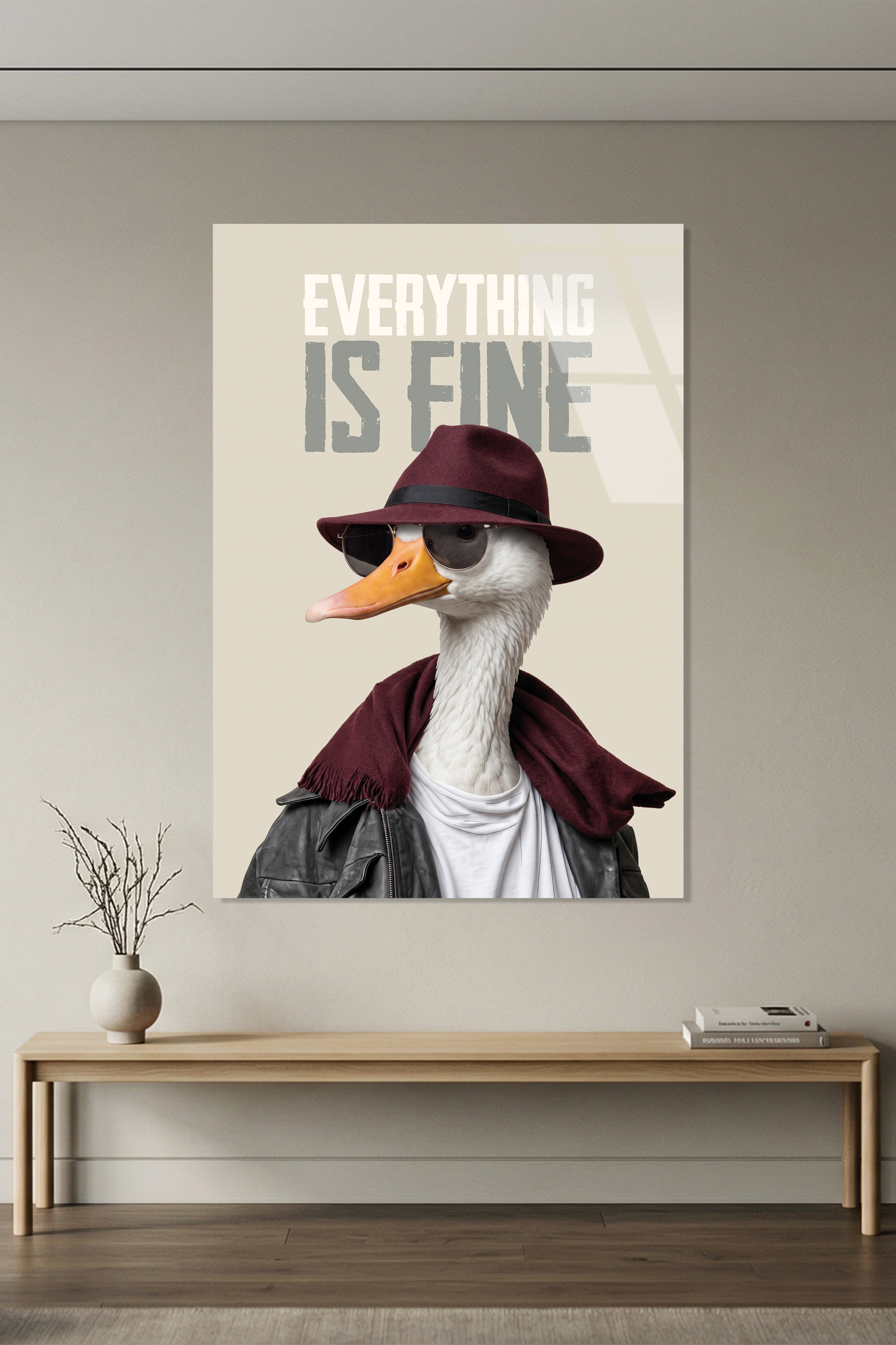 Everything Is Fine Yazılı Gözlüklü ve Şapkalı Ördek Cam Tablo