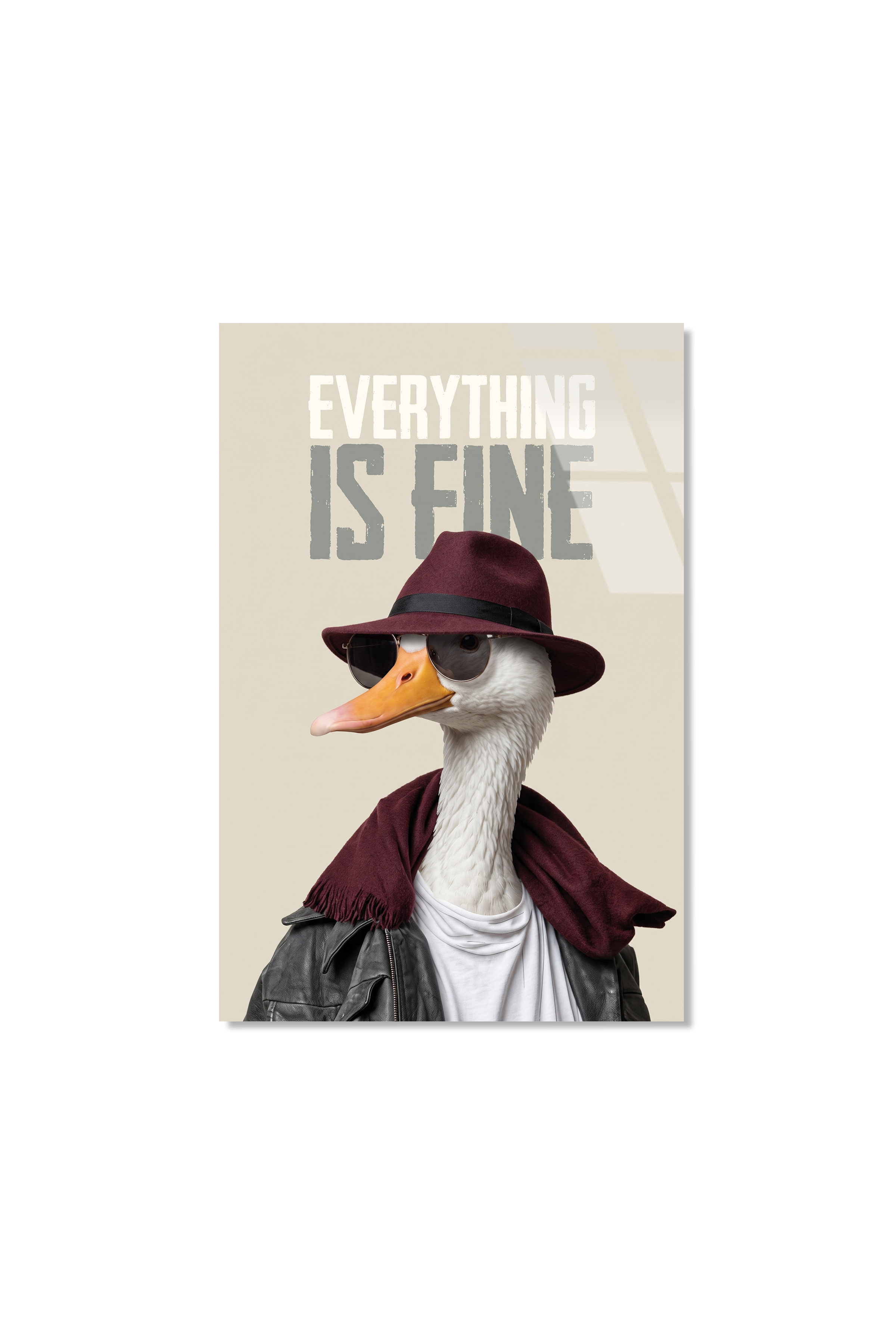 Everything Is Fine Yazılı Gözlüklü ve Şapkalı Ördek Cam Tablo
