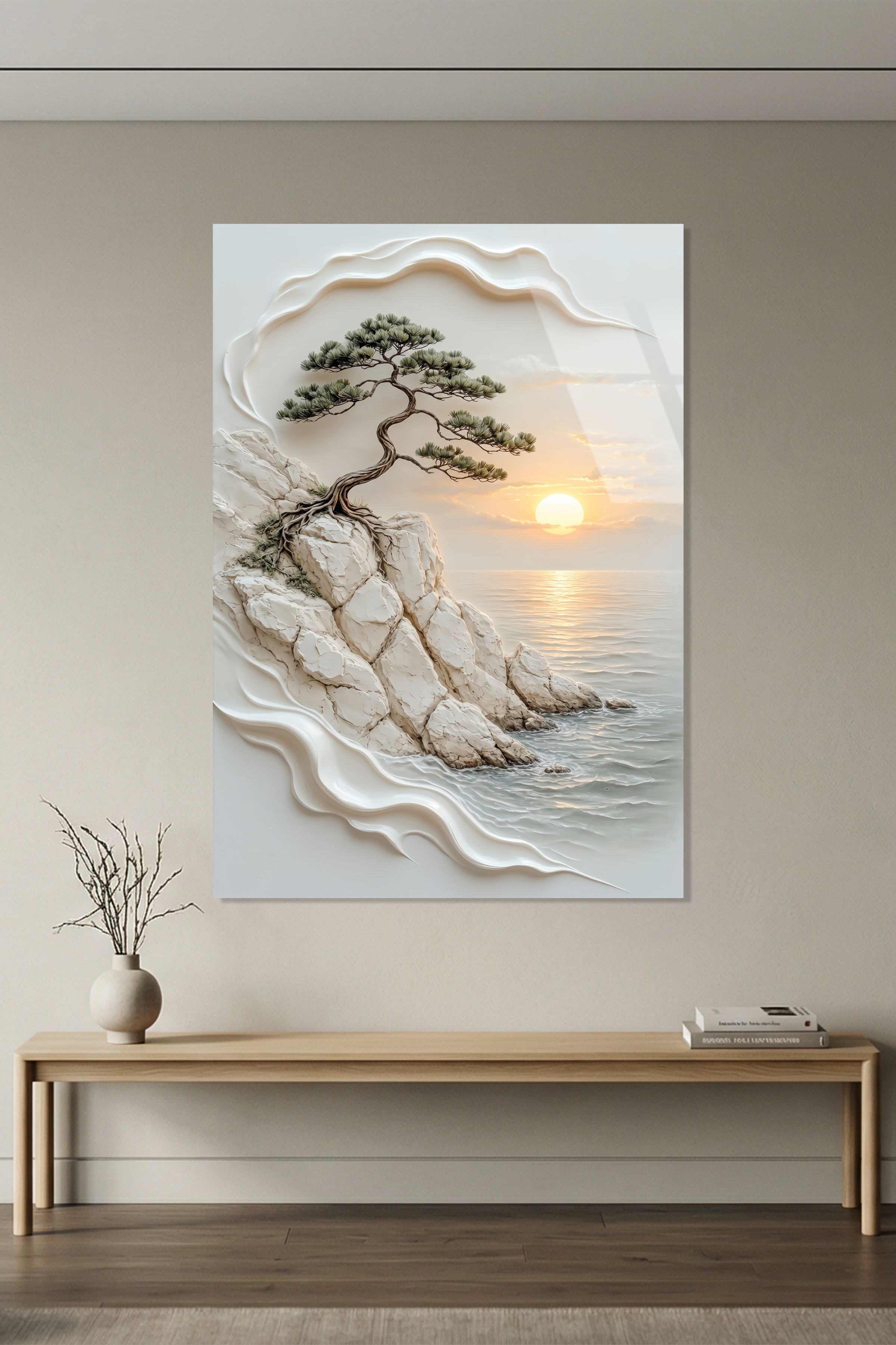 Falez Kenarı Bonsai Ağacı Gün Batımı Yağlı Boya Dokulu Cam Tablo