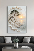 Falez Kenarı Bonsai Ağacı Gün Batımı Yağlı Boya Dokulu Cam Tablo