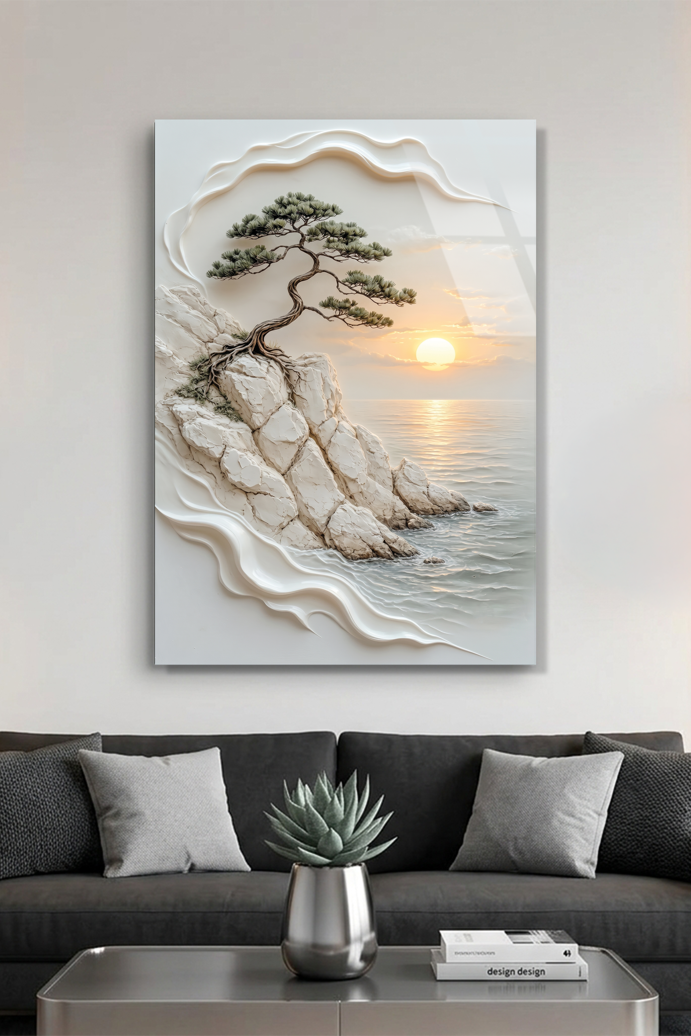 Falez Kenarı Bonsai Ağacı Gün Batımı Yağlı Boya Dokulu Cam Tablo