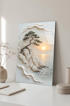 Falez Kenarı Bonsai Ağacı Gün Batımı Yağlı Boya Dokulu Cam Tablo