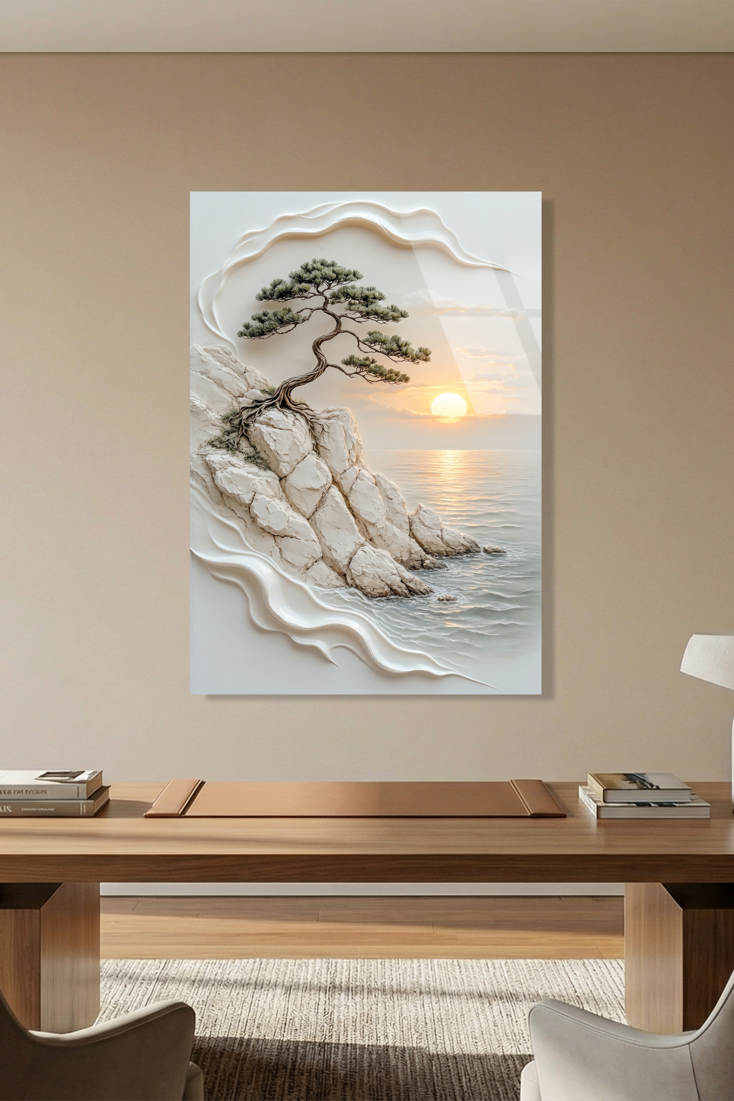 Falez Kenarı Bonsai Ağacı Gün Batımı Yağlı Boya Dokulu Cam Tablo
