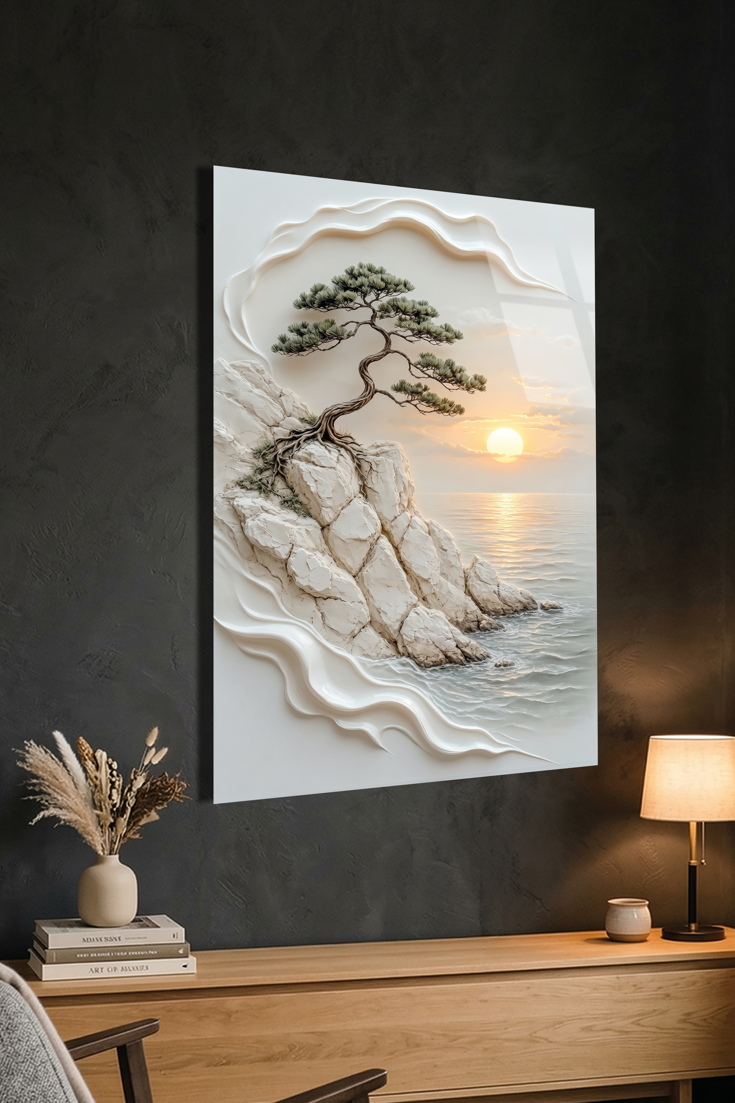 Falez Kenarı Bonsai Ağacı Gün Batımı Yağlı Boya Dokulu Cam Tablo