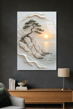 Falez Kenarı Bonsai Ağacı Gün Batımı Yağlı Boya Dokulu Cam Tablo