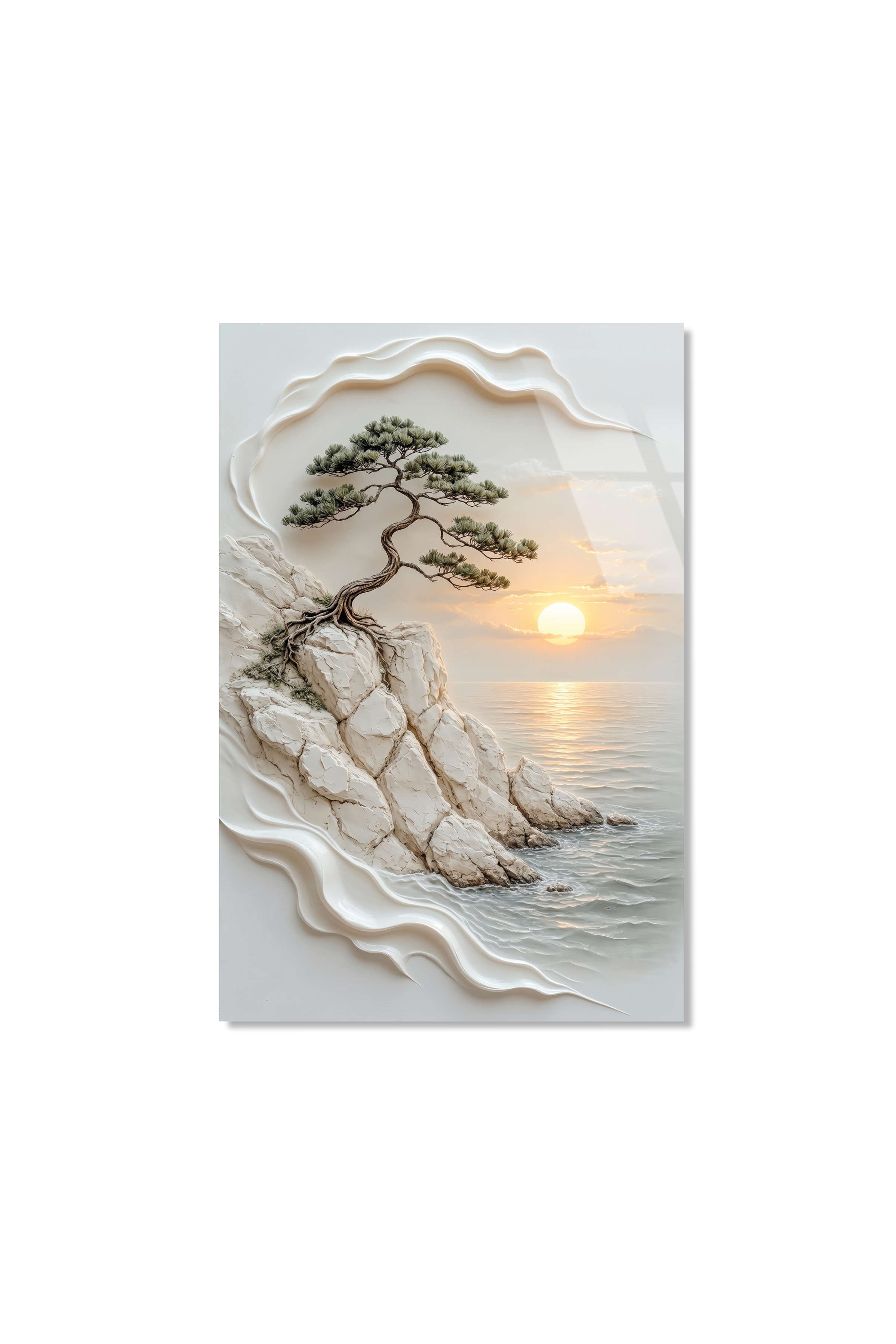 Falez Kenarı Bonsai Ağacı Gün Batımı Yağlı Boya Dokulu Cam Tablo