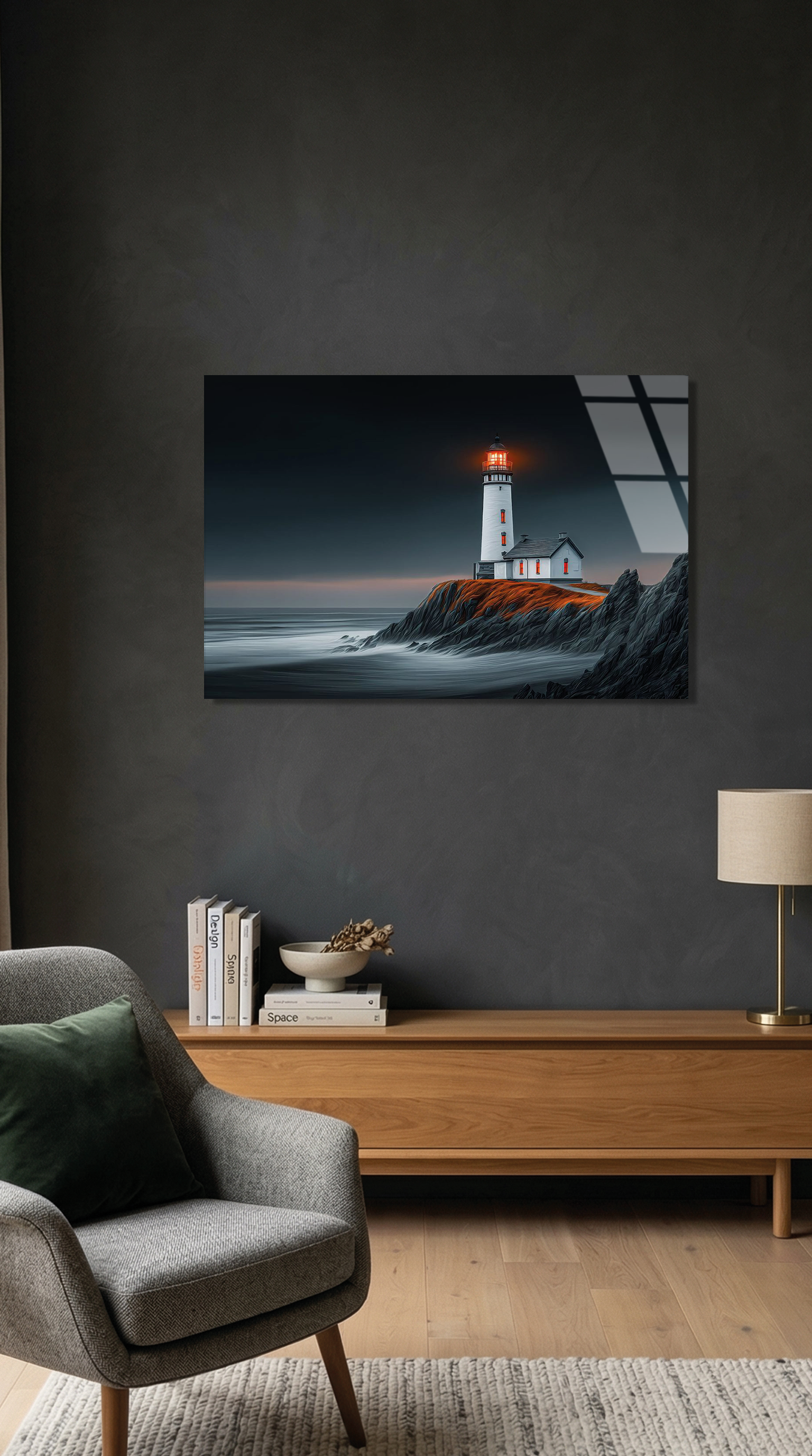 Fener Evi ve Hırçın Deniz Karanlık Atmosferik Manzara Cam Tablo | Vitraum