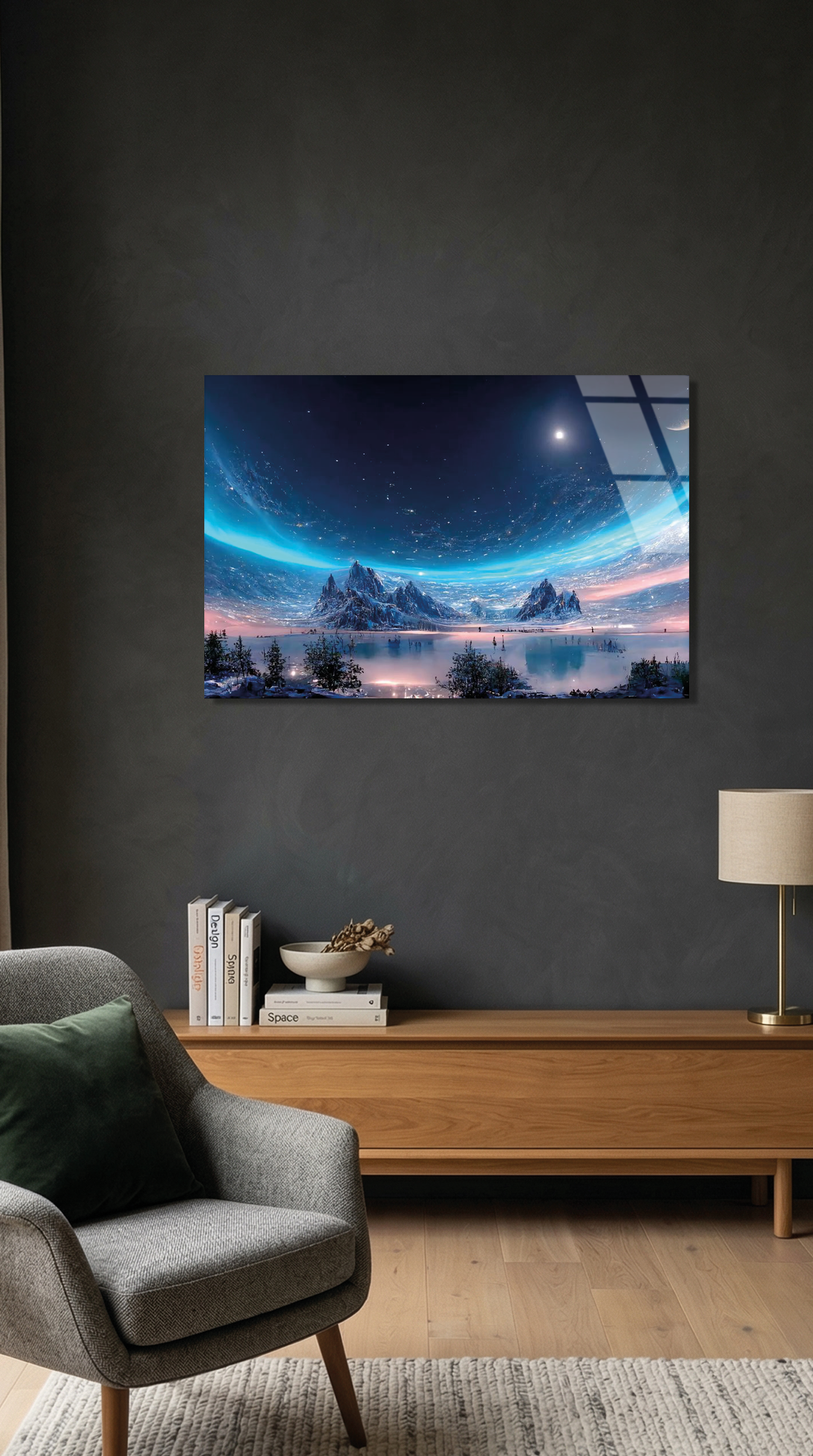 Galaksi ve Kutup Işıkları Altında Karlı Dağlar Cam Tablo | Vitraum