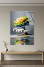 Gökkuşağı Ağacı Altında Zarif Beyaz At Figürlü Soyut Cam Tablo