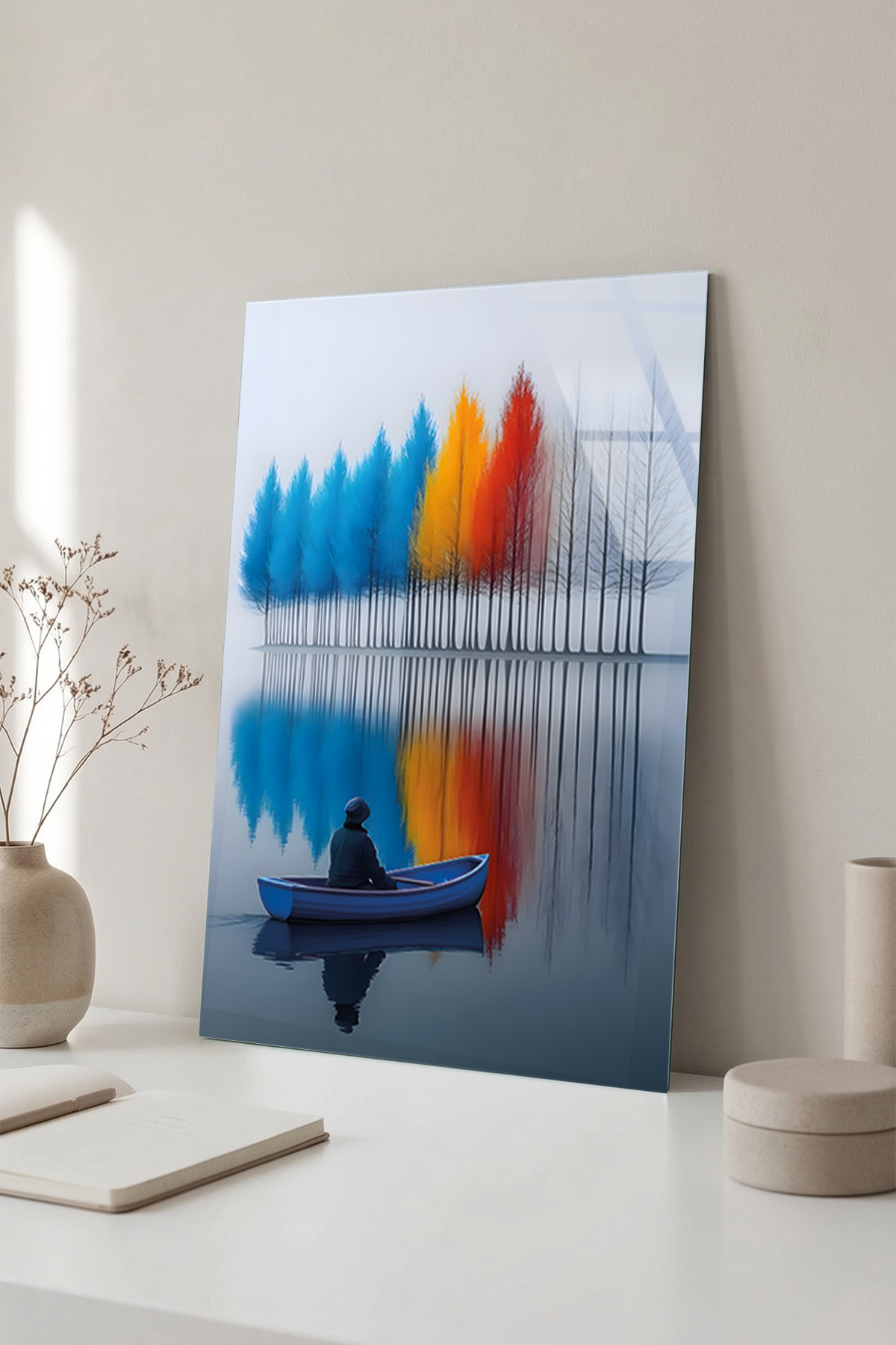 Göl Kenarında Sıralı Renkli Modern Ağaç Deseni Cam Tablo