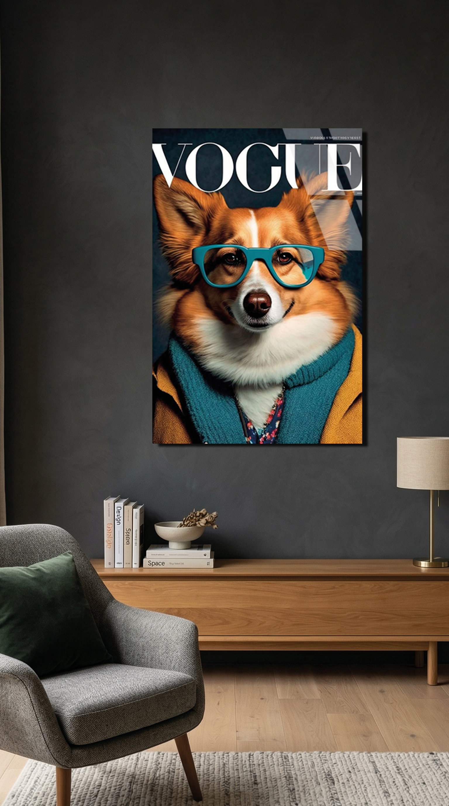 Gözlüklü Corgi Köpek Cam Tablo – Oda Dekor Detayı