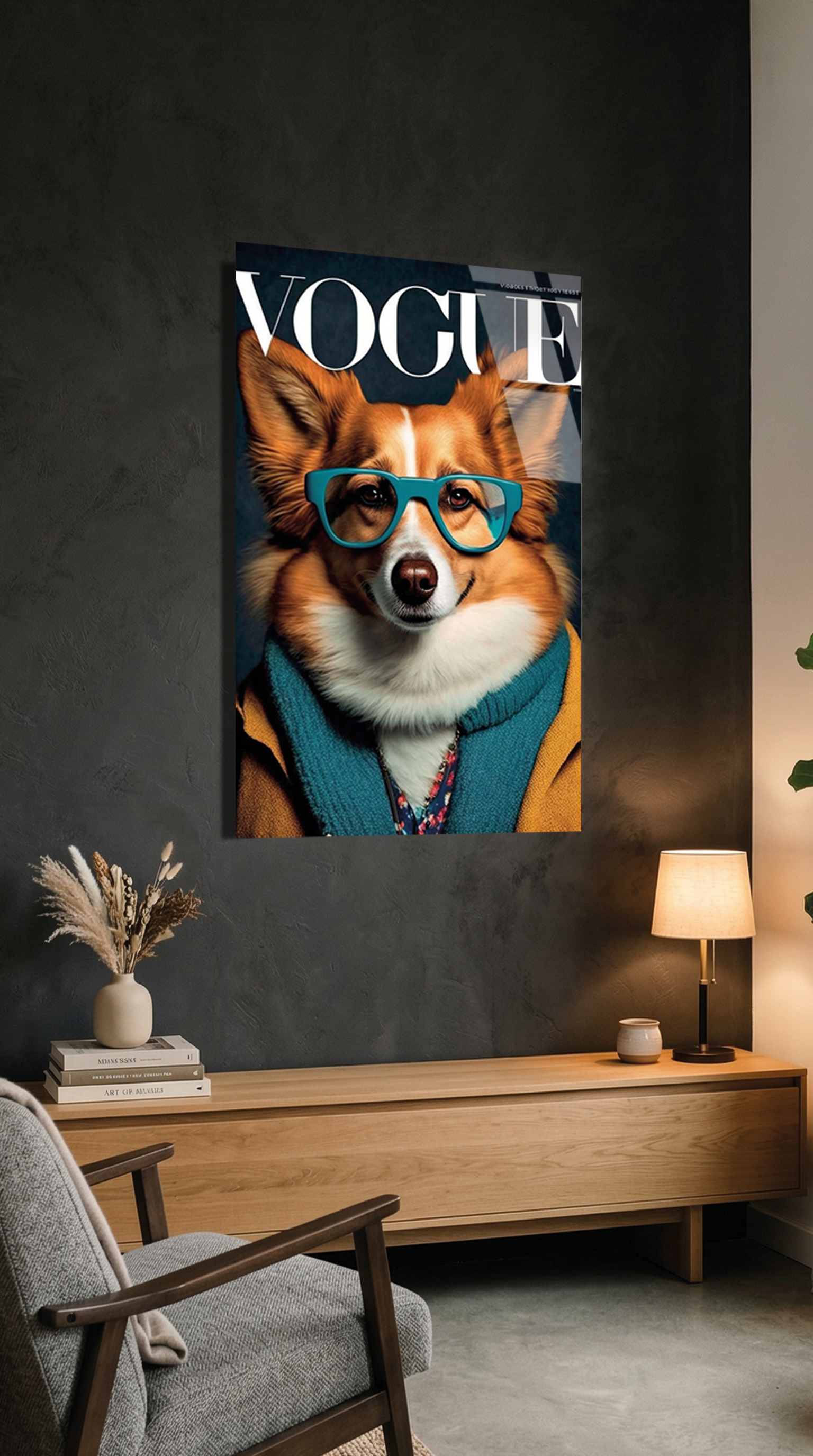 Gözlüklü Corgi Köpek Cam Tablo – Ek Görsel