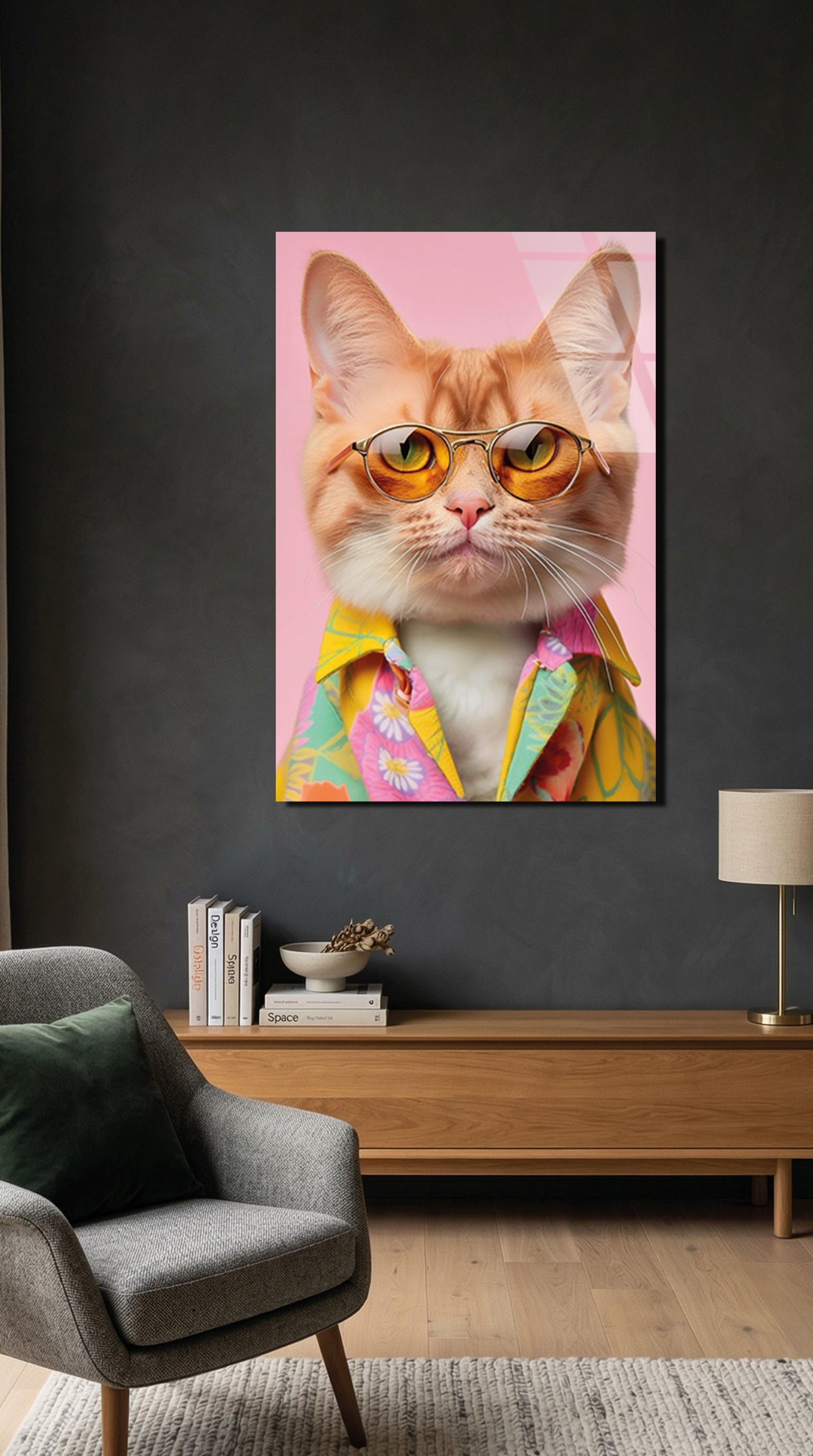 Gözlüklü Sarman Kedi Temalı Cam Tablo | Vitraum