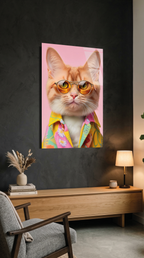 Gözlüklü Sarman Kedi Temalı Cam Tablo | Vitraum