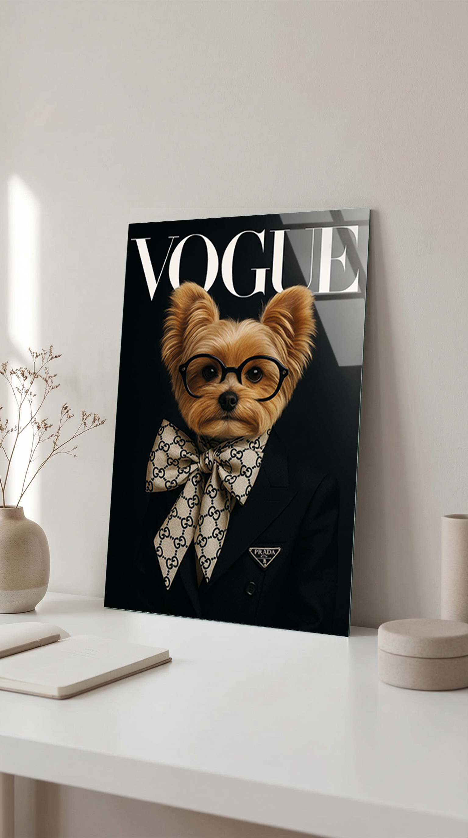 Gözlüklü ve Fiyonklu Köpek Cam Tablo – Alternatif Görsel