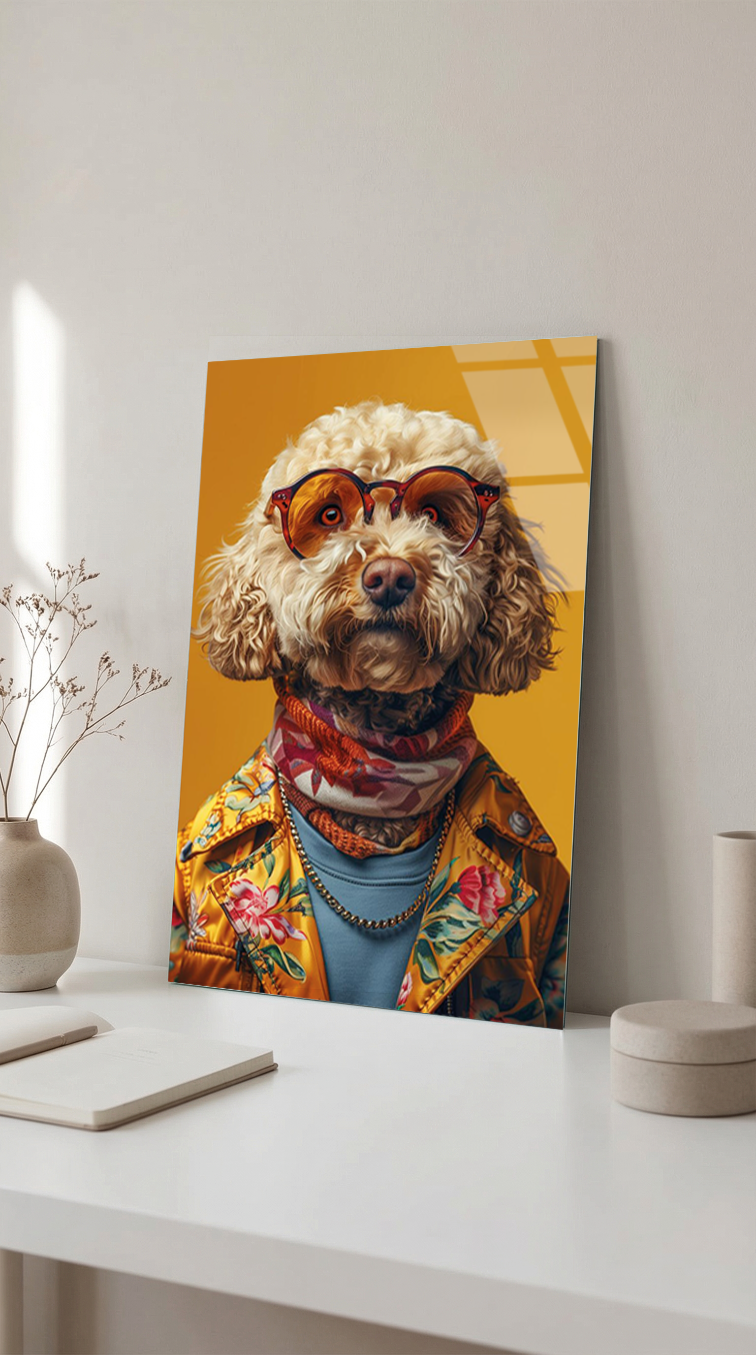 Gözlüklü ve Kazaklı Havalı Köpek İllüstrasyonu Cam Tablo | Vitraum