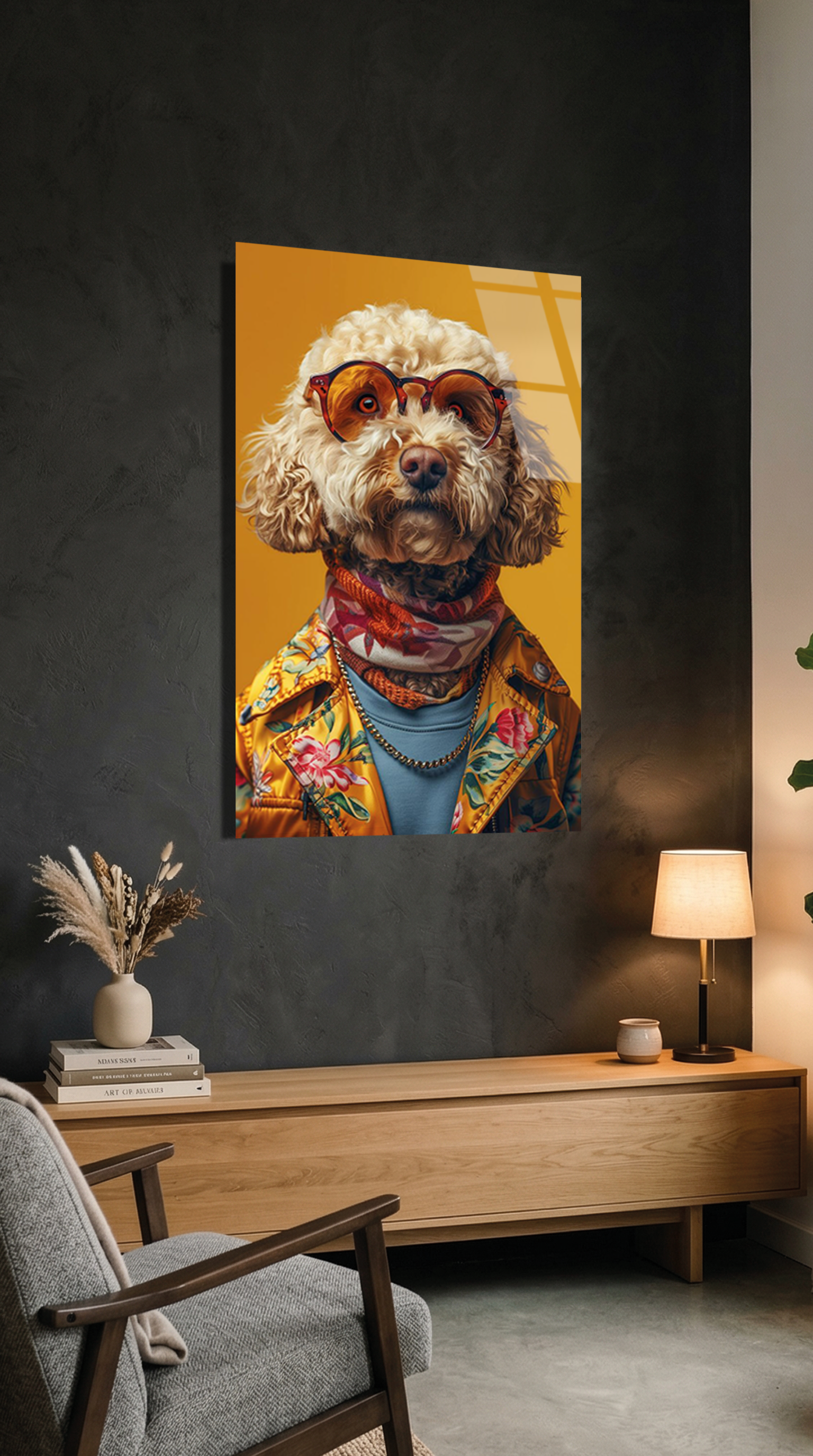 Gözlüklü ve Kazaklı Havalı Köpek İllüstrasyonu Cam Tablo | Vitraum