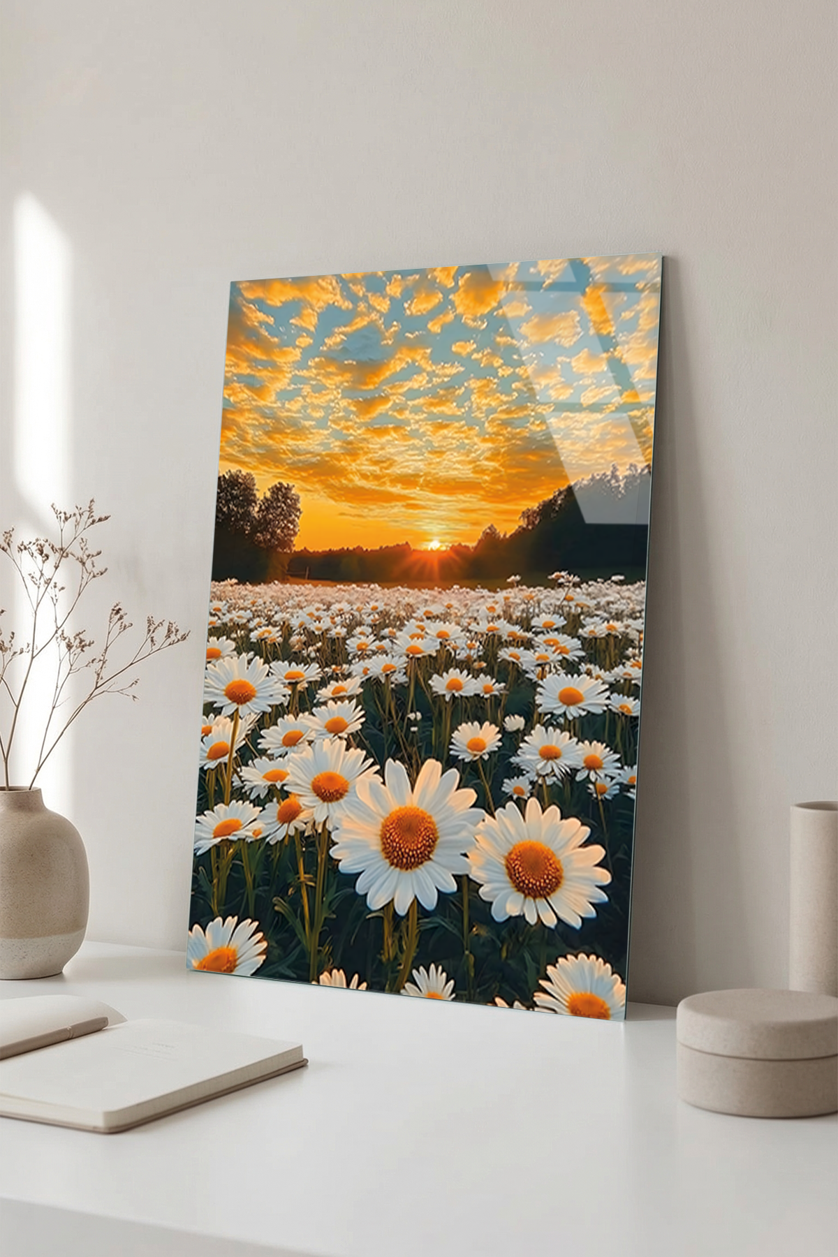 Gün Batımı Papatya Tarlası ve Doğa Manzaralı Cam Tablo