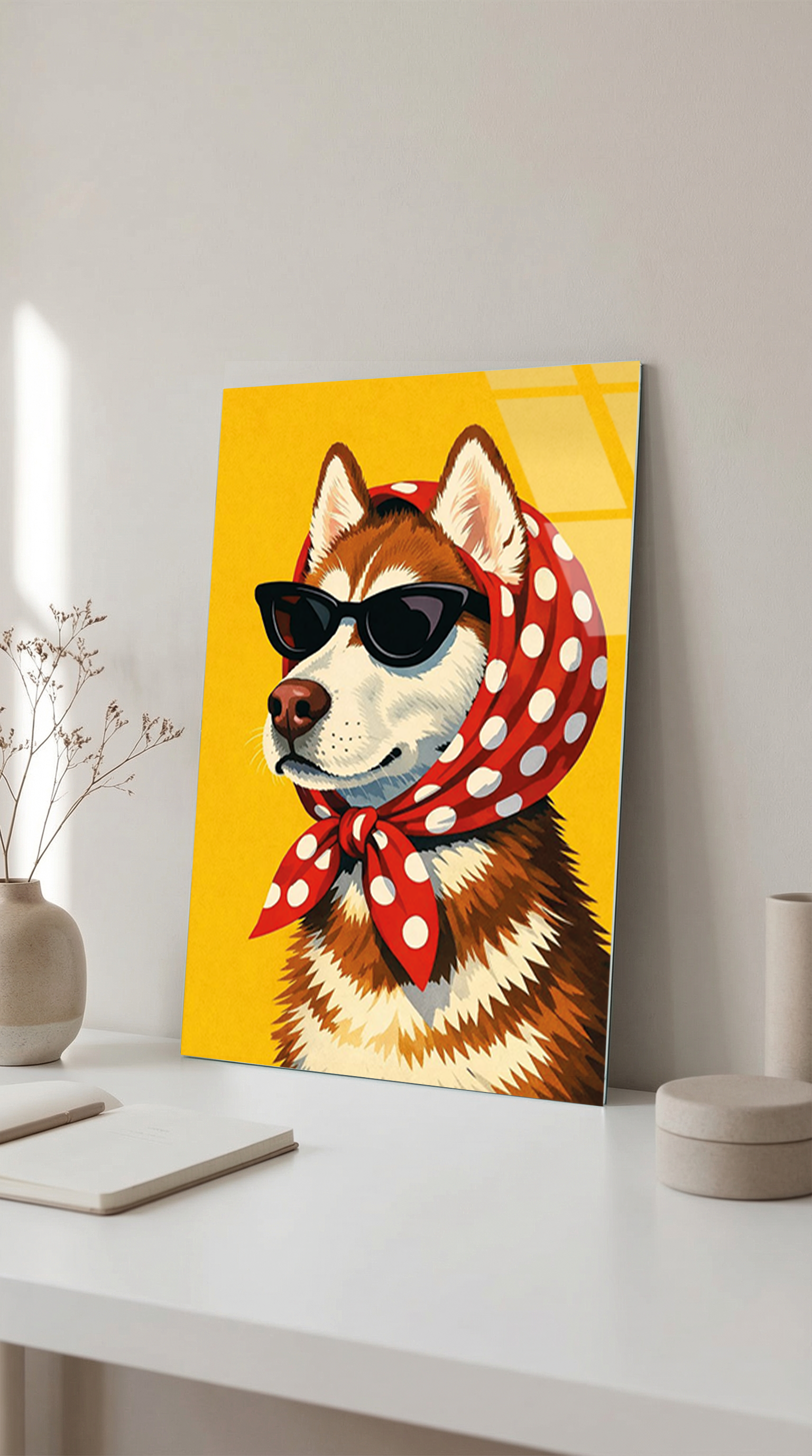 Güneş Gözlüklü Havalı Köpek Cam Tablo | Vitraum