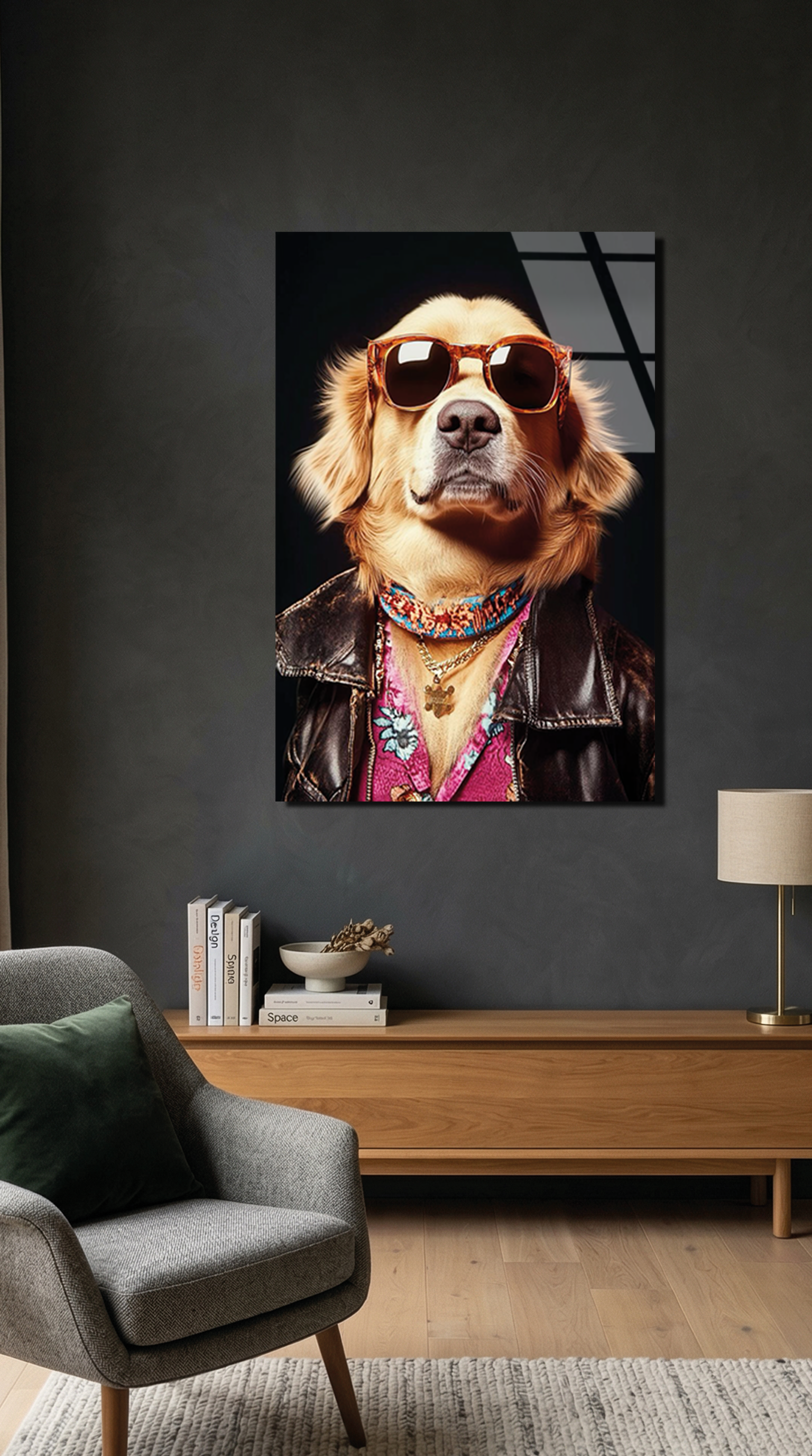 Havalı Golden Retriever Deri Ceketli Cam Tablo | Vitraum