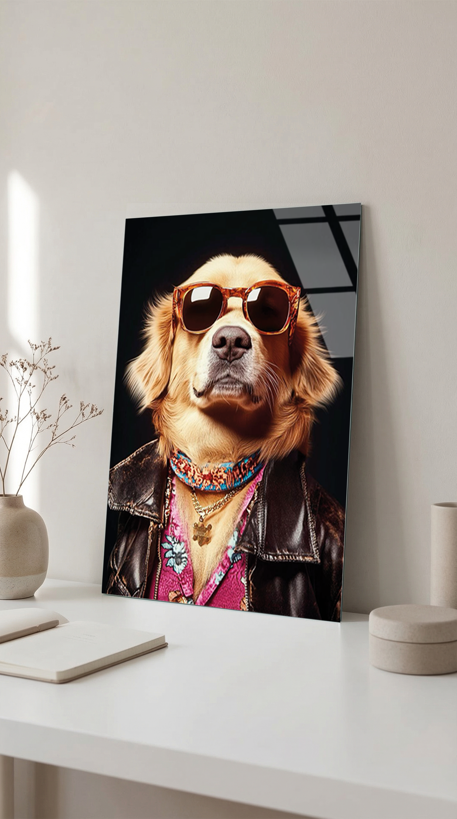 Havalı Golden Retriever Deri Ceketli Cam Tablo | Vitraum