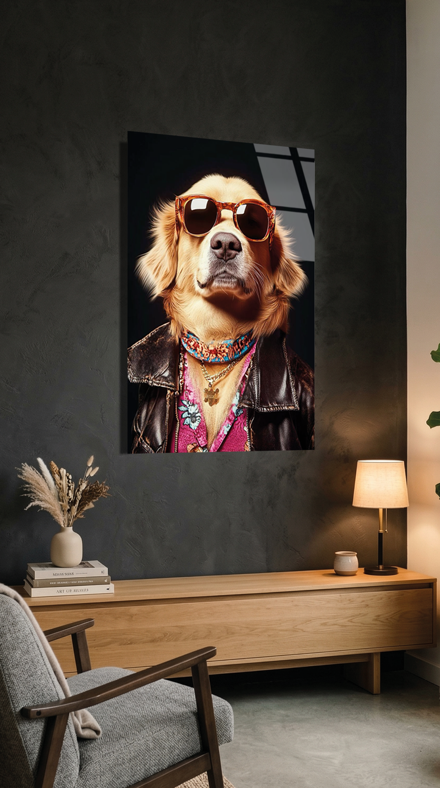 Havalı Golden Retriever Deri Ceketli Cam Tablo | Vitraum